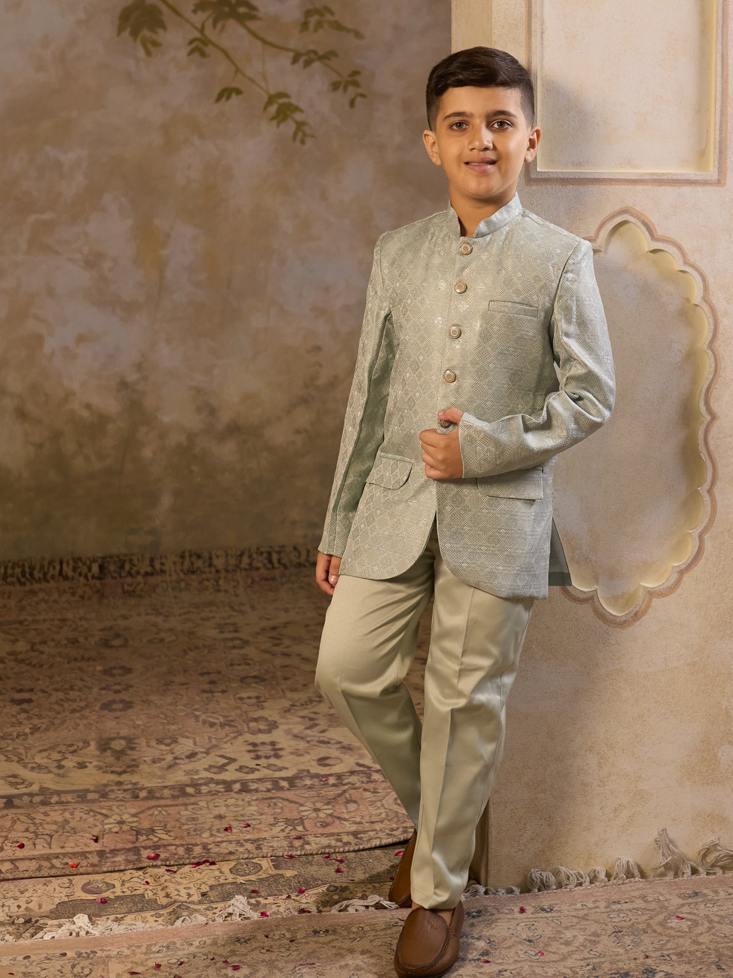 Boys Pista Jacquard Full Sleeves Sequins and Embroidery Sherwani