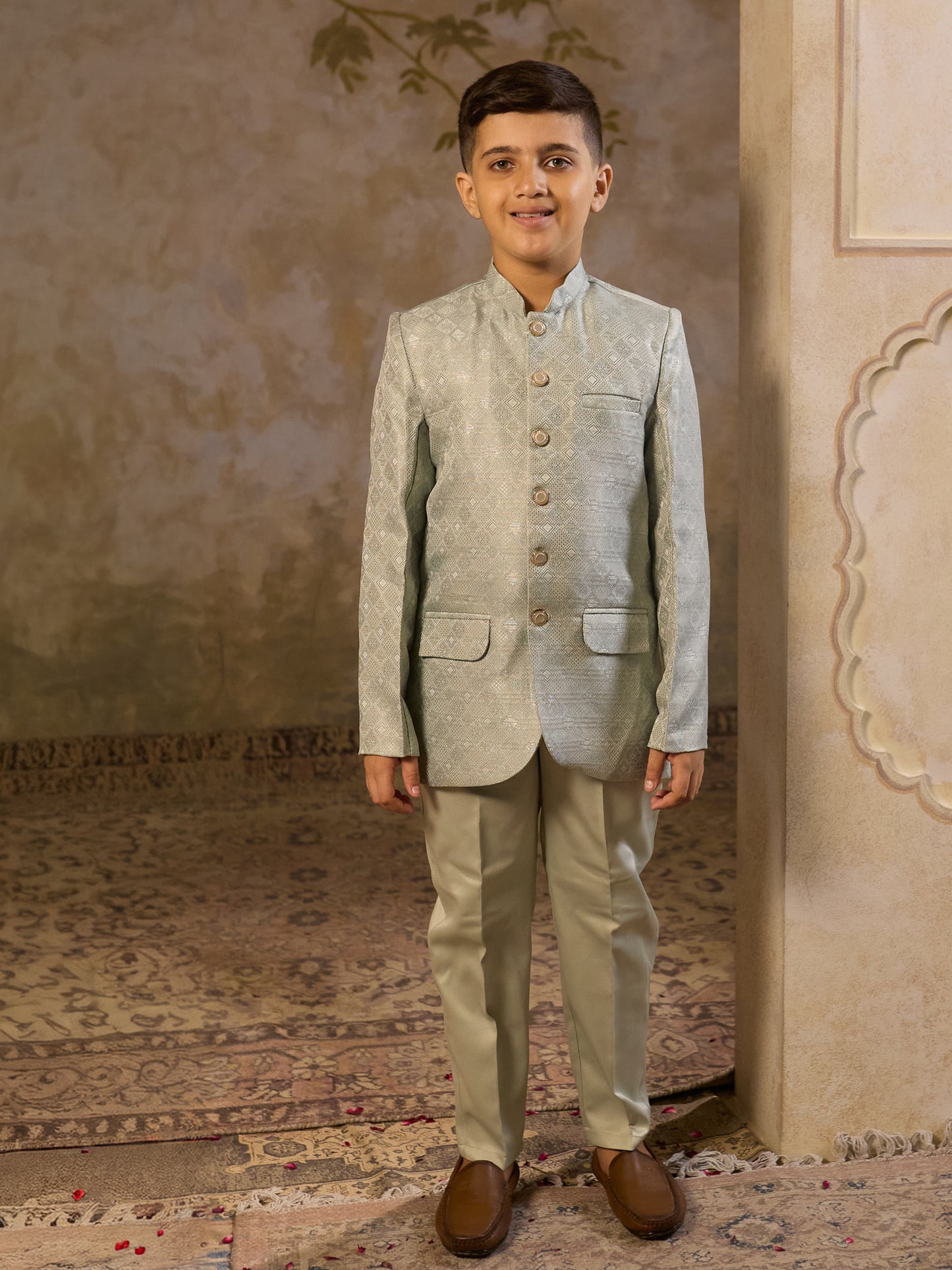 Boys Pista Jacquard Full Sleeves Sequins and Embroidery Sherwani
