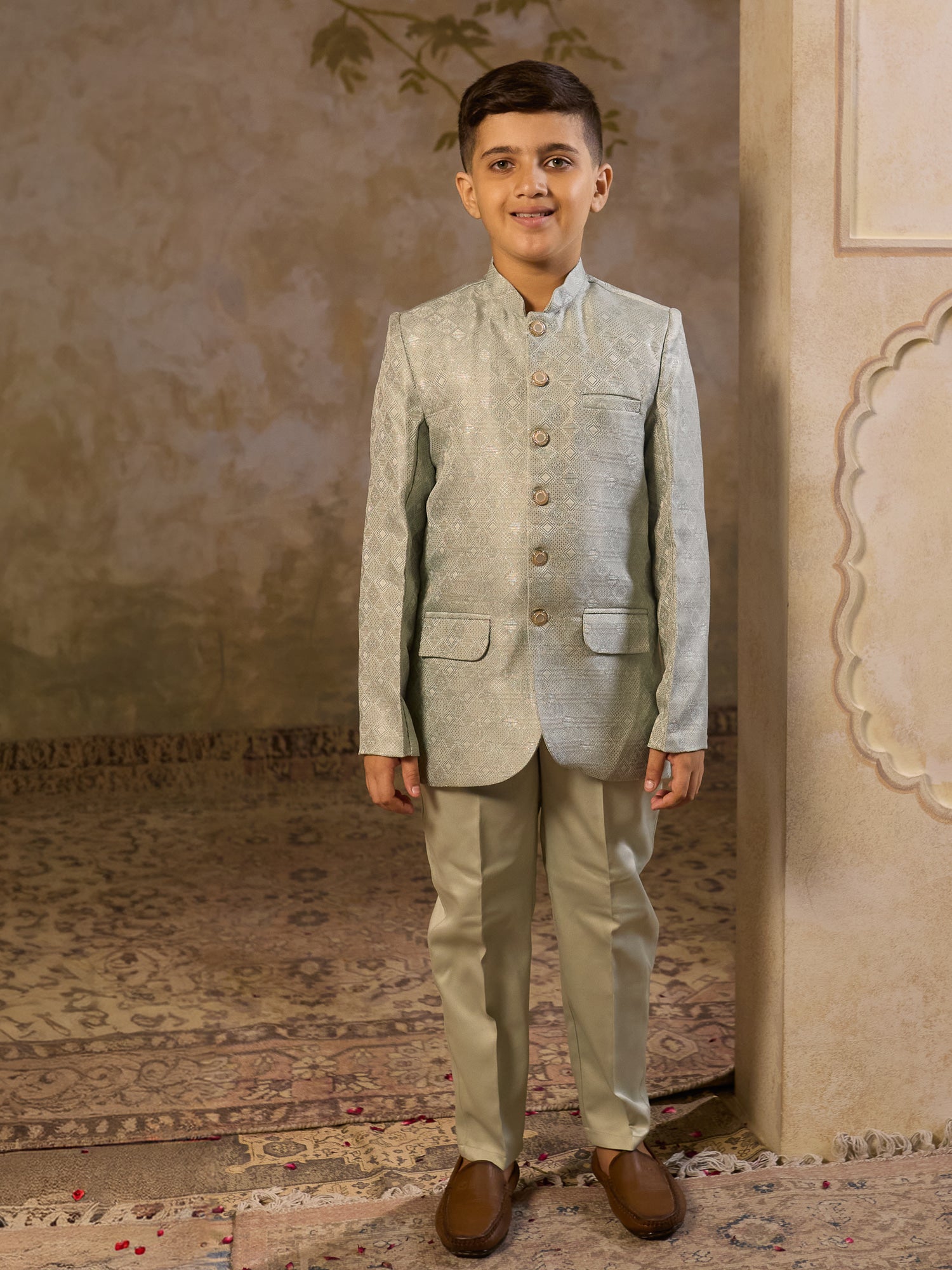 Boys Pista Jacquard Full Sleeves Sequins and Embroidery Sherwani