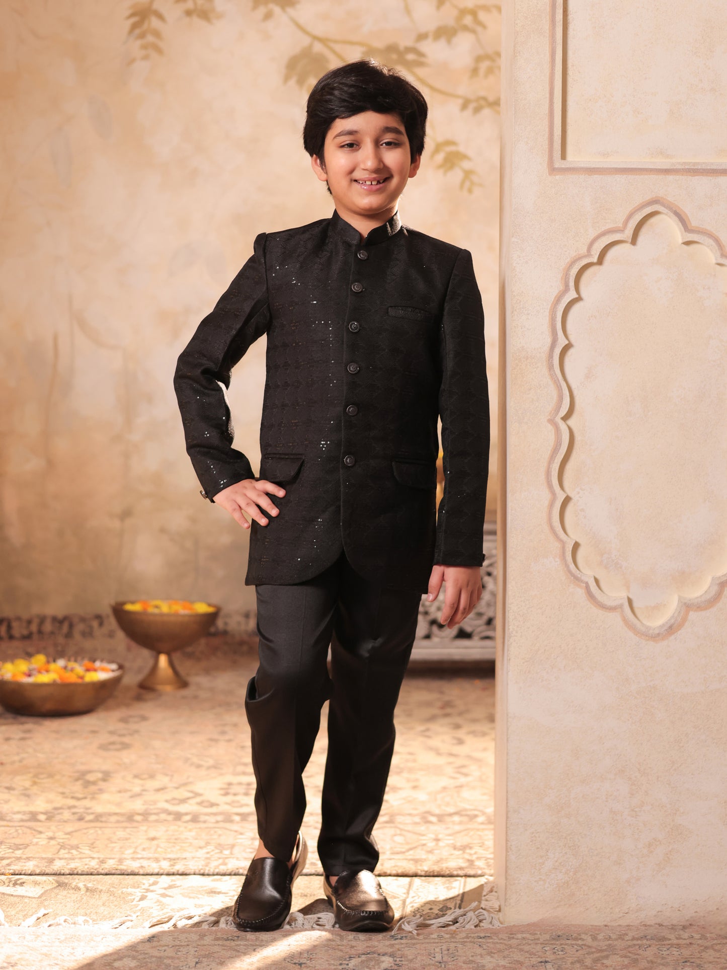 Boys Black Jacquard Full Sleeves Sequins and Embroidery Sherwani