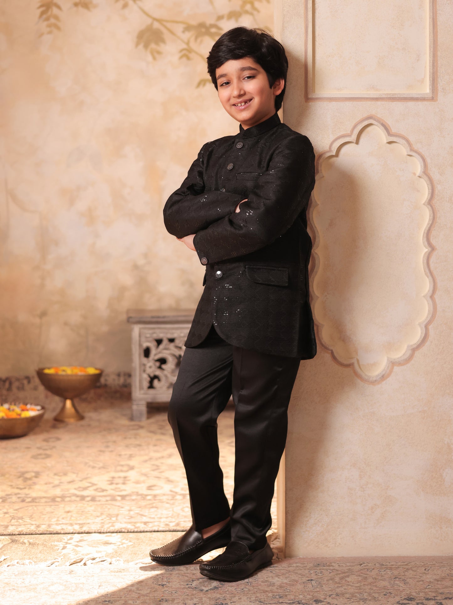 Boys Black Jacquard Full Sleeves Sequins and Embroidery Sherwani