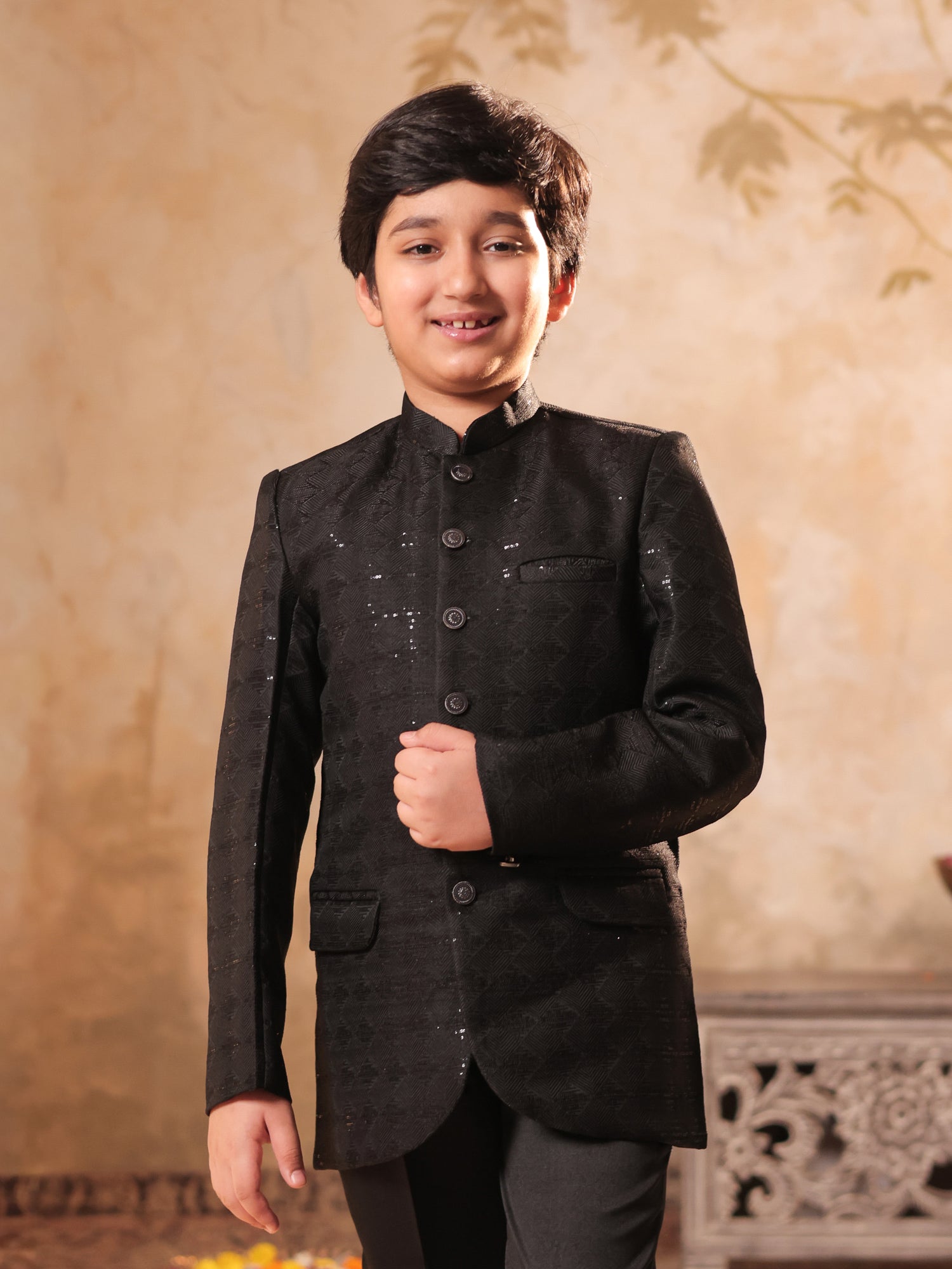 Boys Black Jacquard Full Sleeves Sequins and Embroidery Sherwani