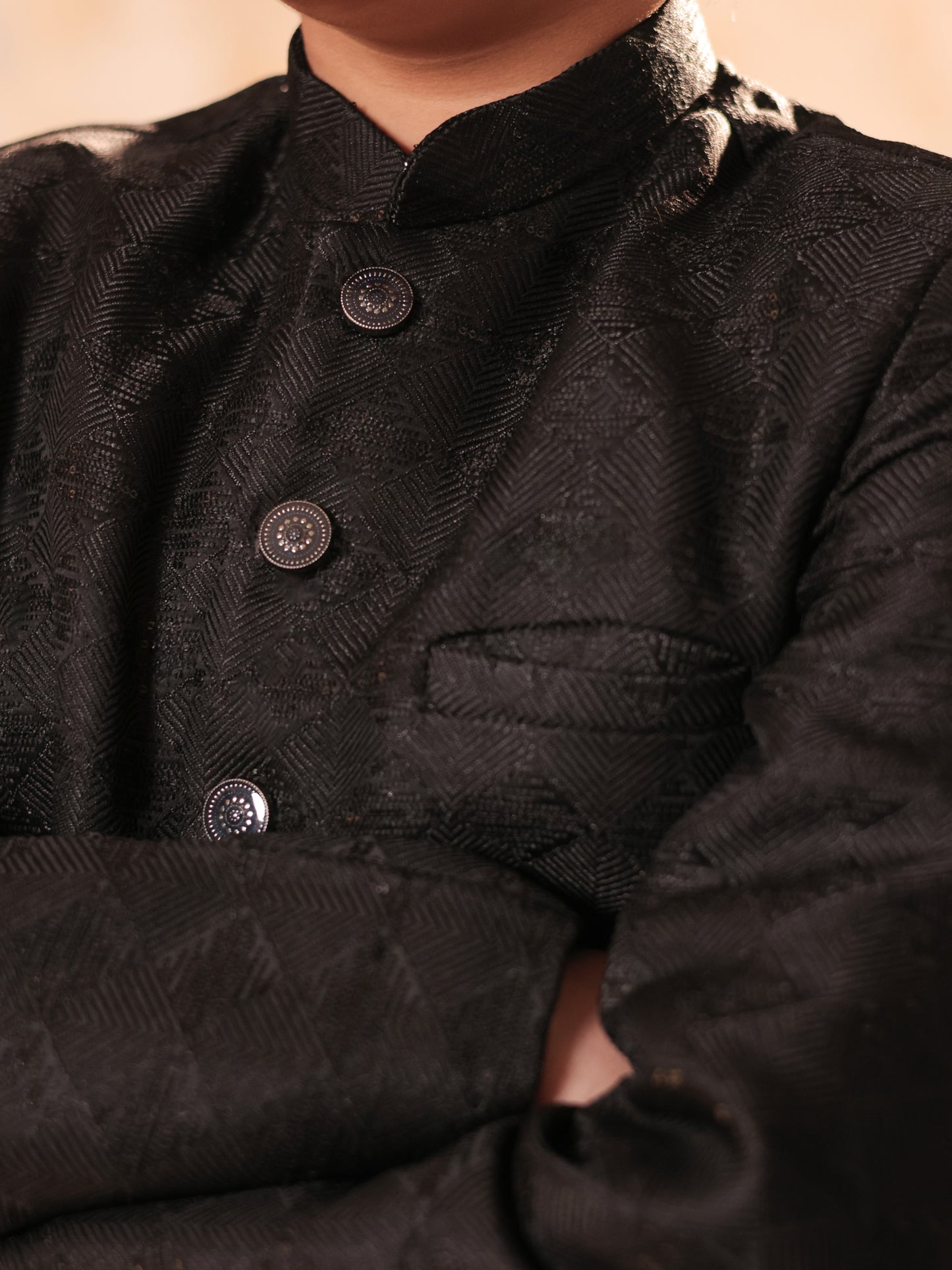 Boys Black Jacquard Full Sleeves Sequins and Embroidery Sherwani