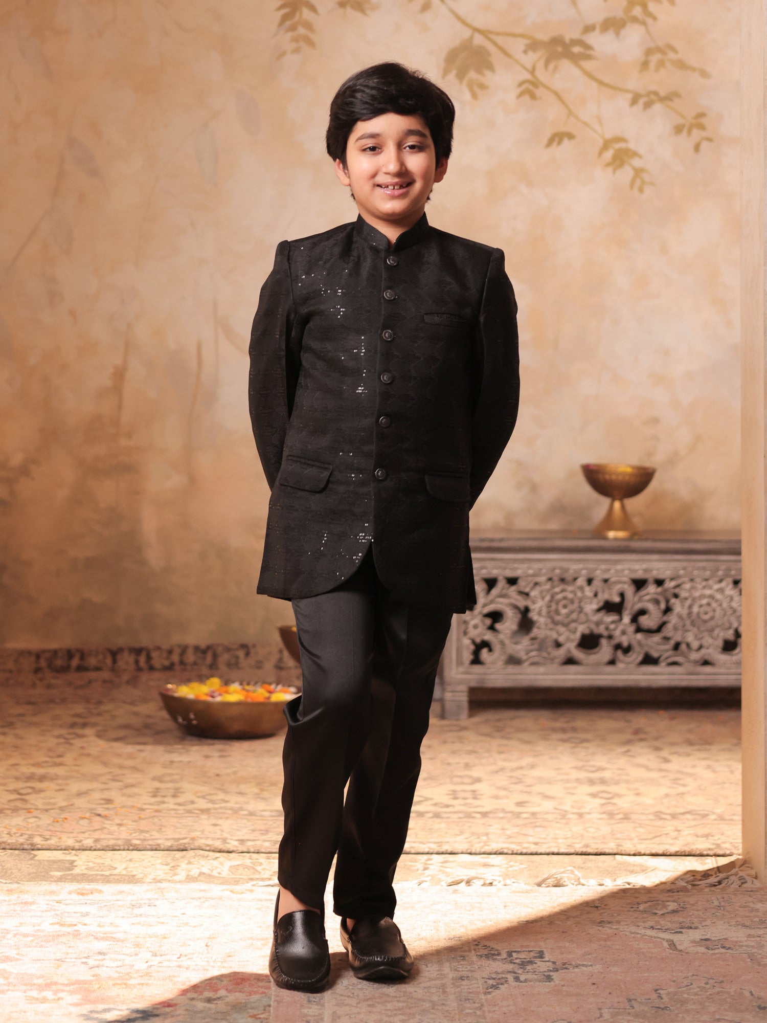 Boys Black Jacquard Full Sleeves Sequins and Embroidery Sherwani
