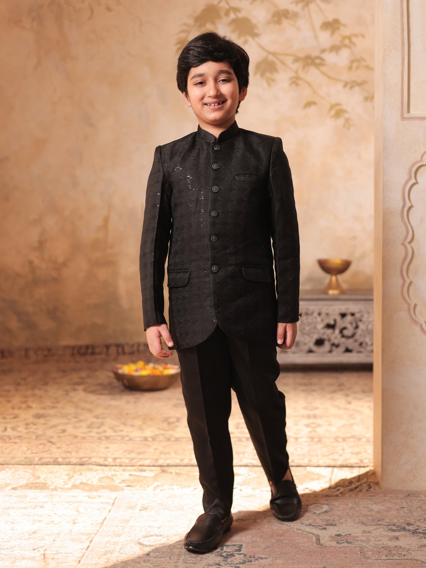 Boys Black Jacquard Full Sleeves Sequins and Embroidery Sherwani
