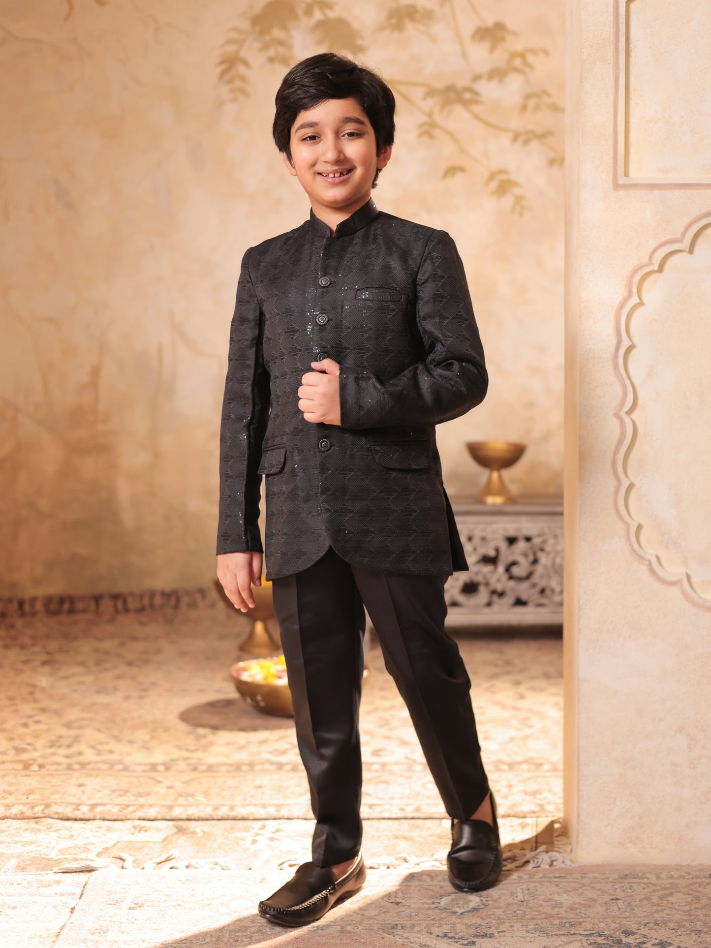 Boys Grey Jacquard Full Sleeves Sequins and Embroidery Sherwani