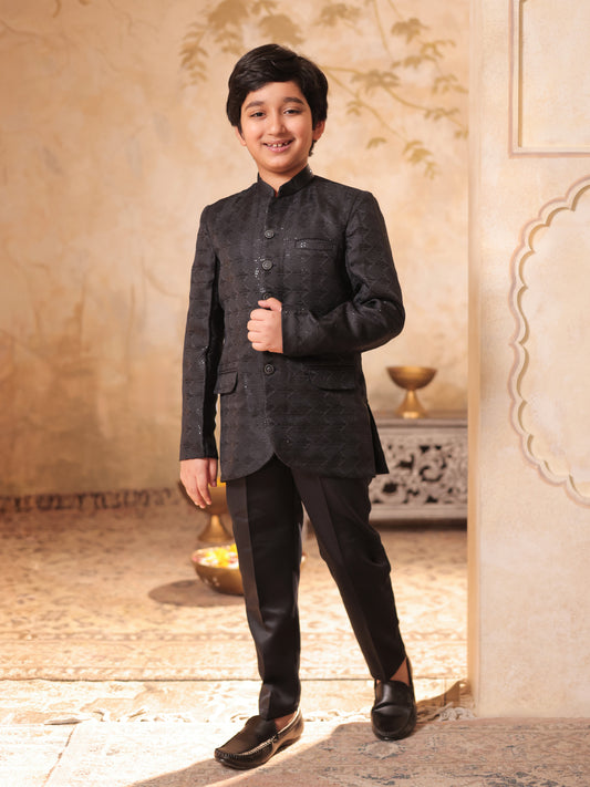 Boys Grey Jacquard Full Sleeves Sequins and Embroidery Sherwani