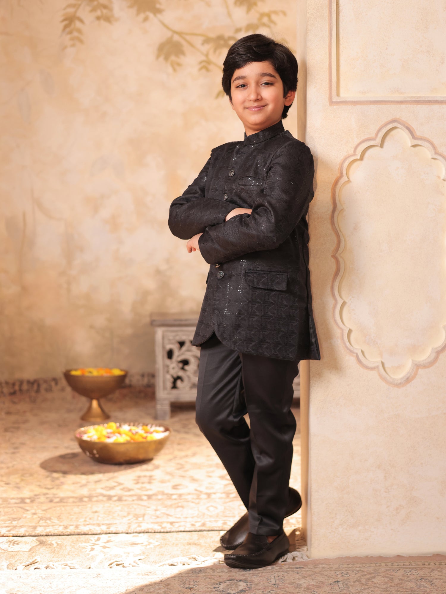 Boys Grey Jacquard Full Sleeves Sequins and Embroidery Sherwani