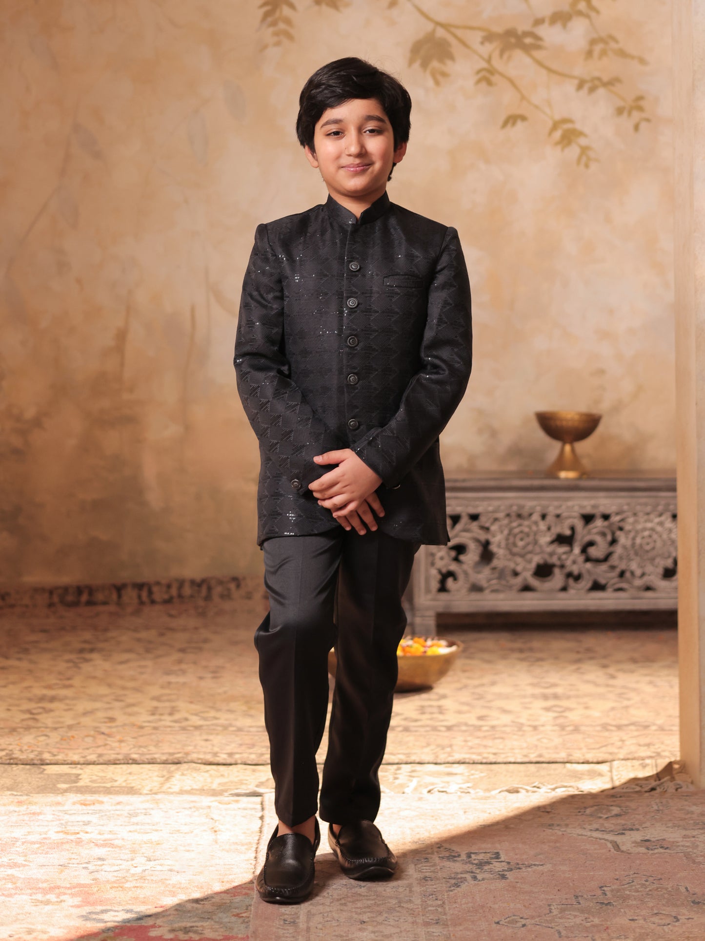 Boys Grey Jacquard Full Sleeves Sequins and Embroidery Sherwani