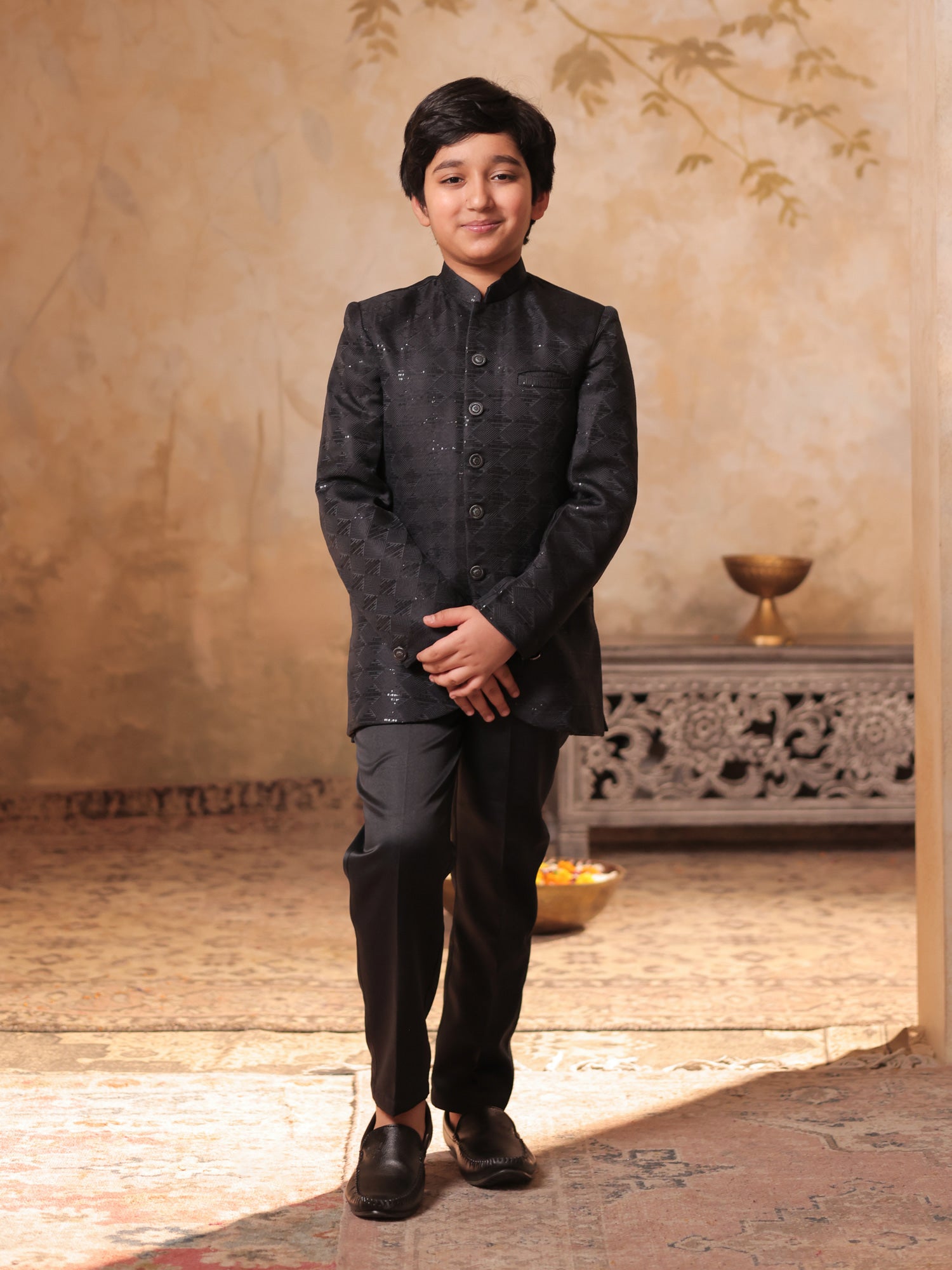 Boys Grey Jacquard Full Sleeves Sequins and Embroidery Sherwani