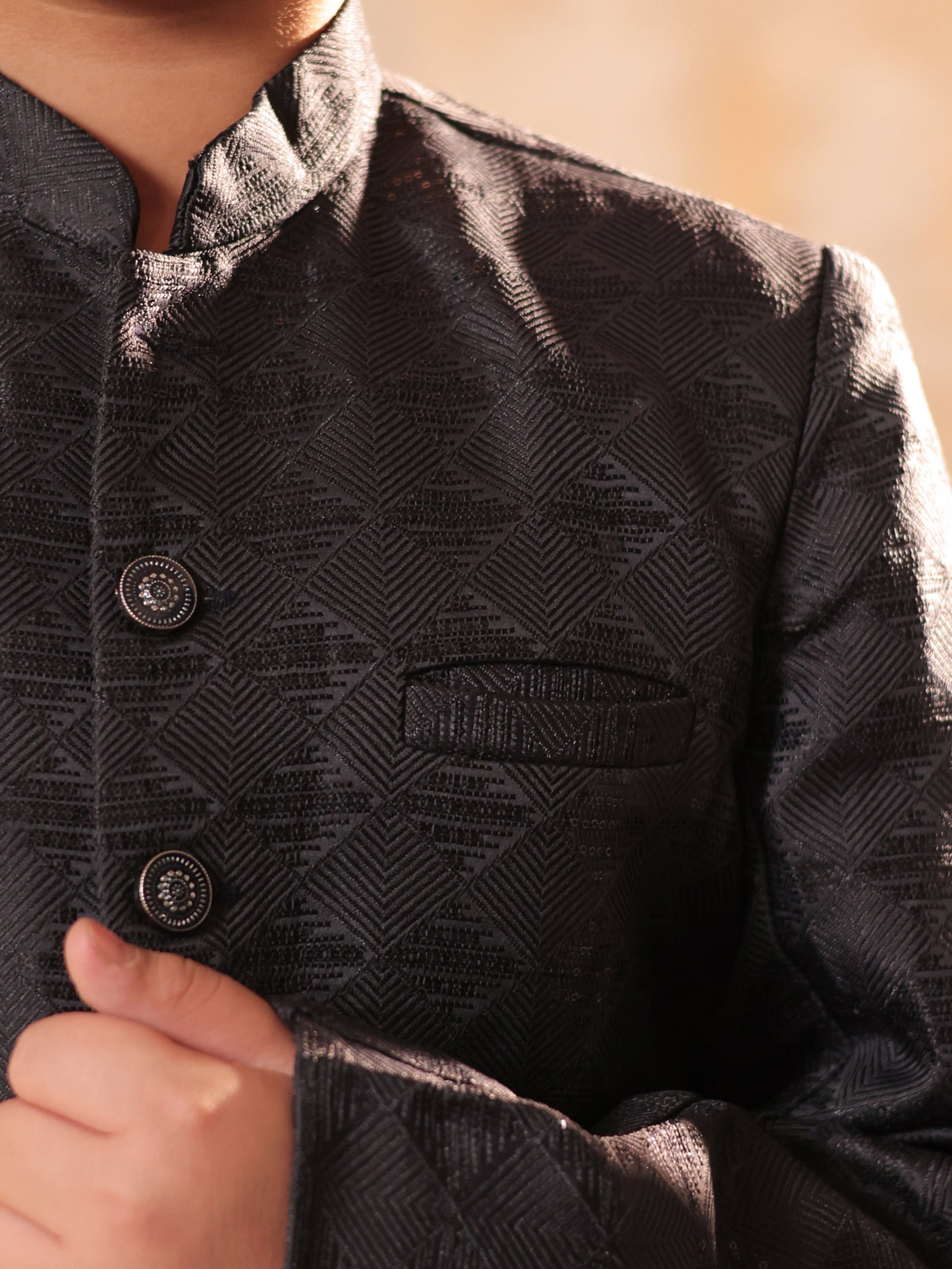 Boys Grey Jacquard Full Sleeves Sequins and Embroidery Sherwani