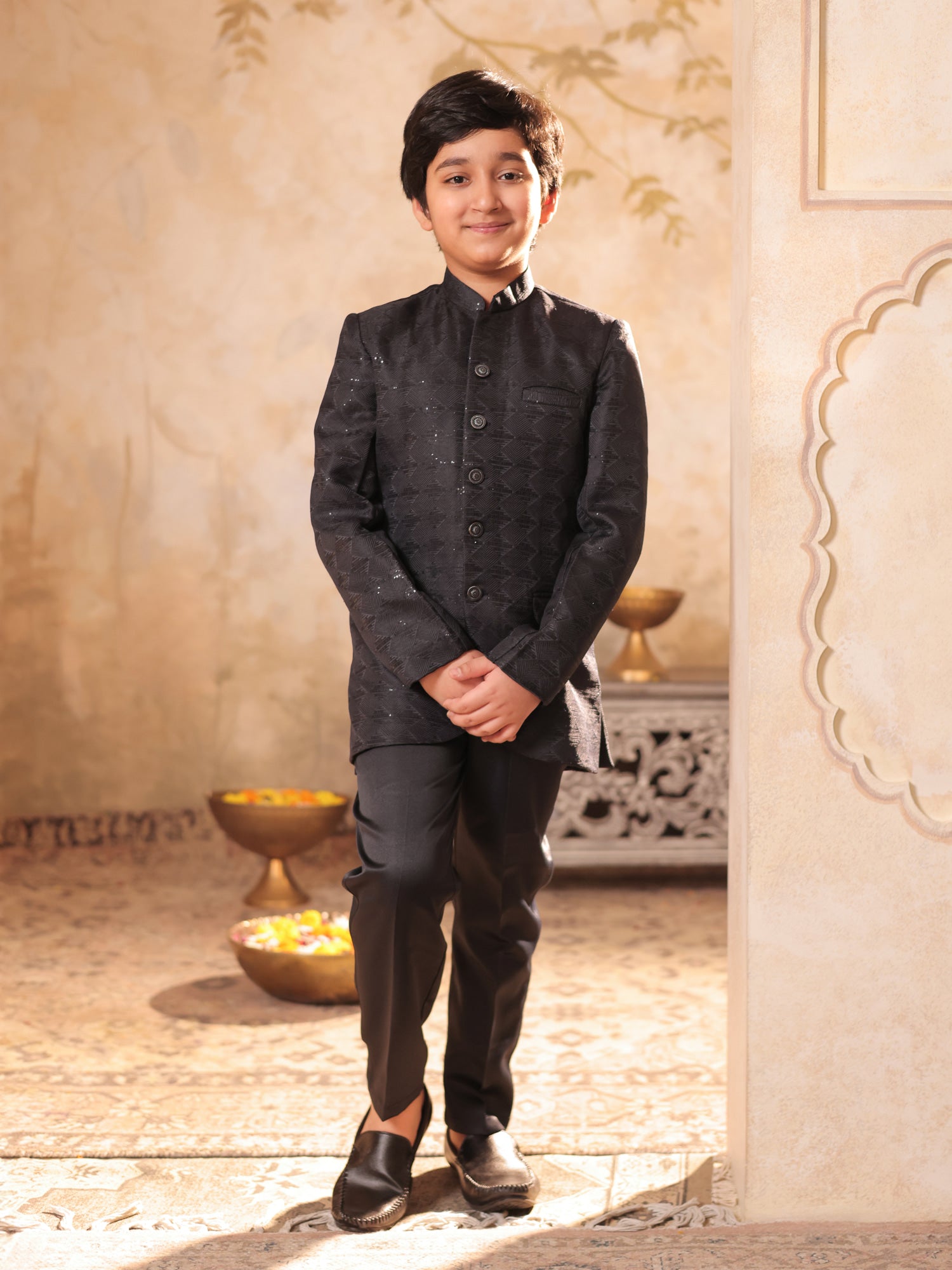 Boys Grey Jacquard Full Sleeves Sequins and Embroidery Sherwani
