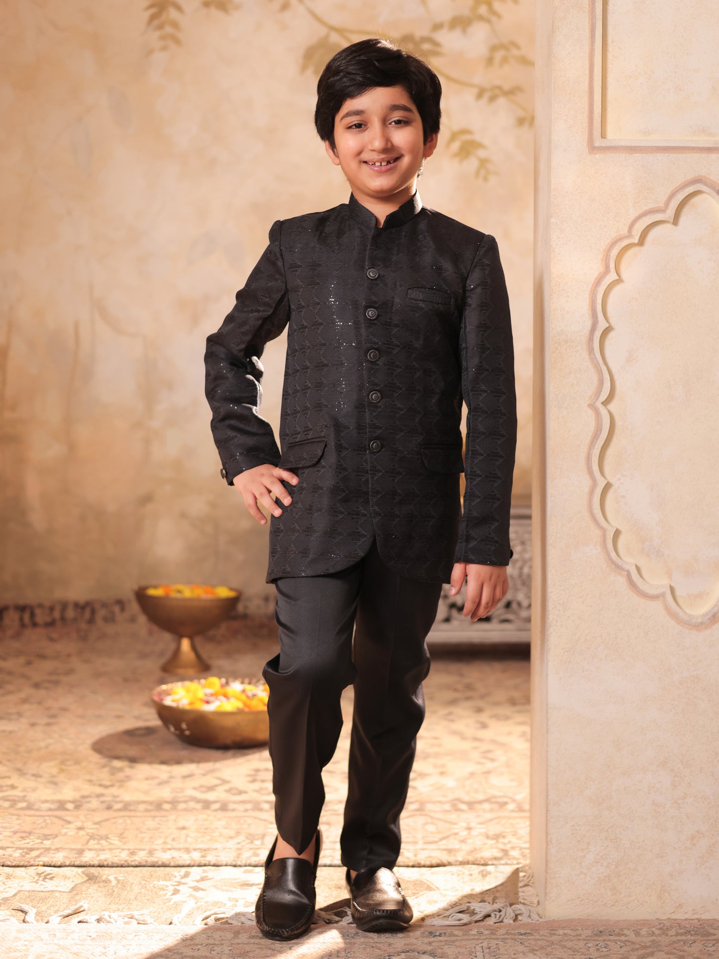 Boys Grey Jacquard Full Sleeves Sequins and Embroidery Sherwani