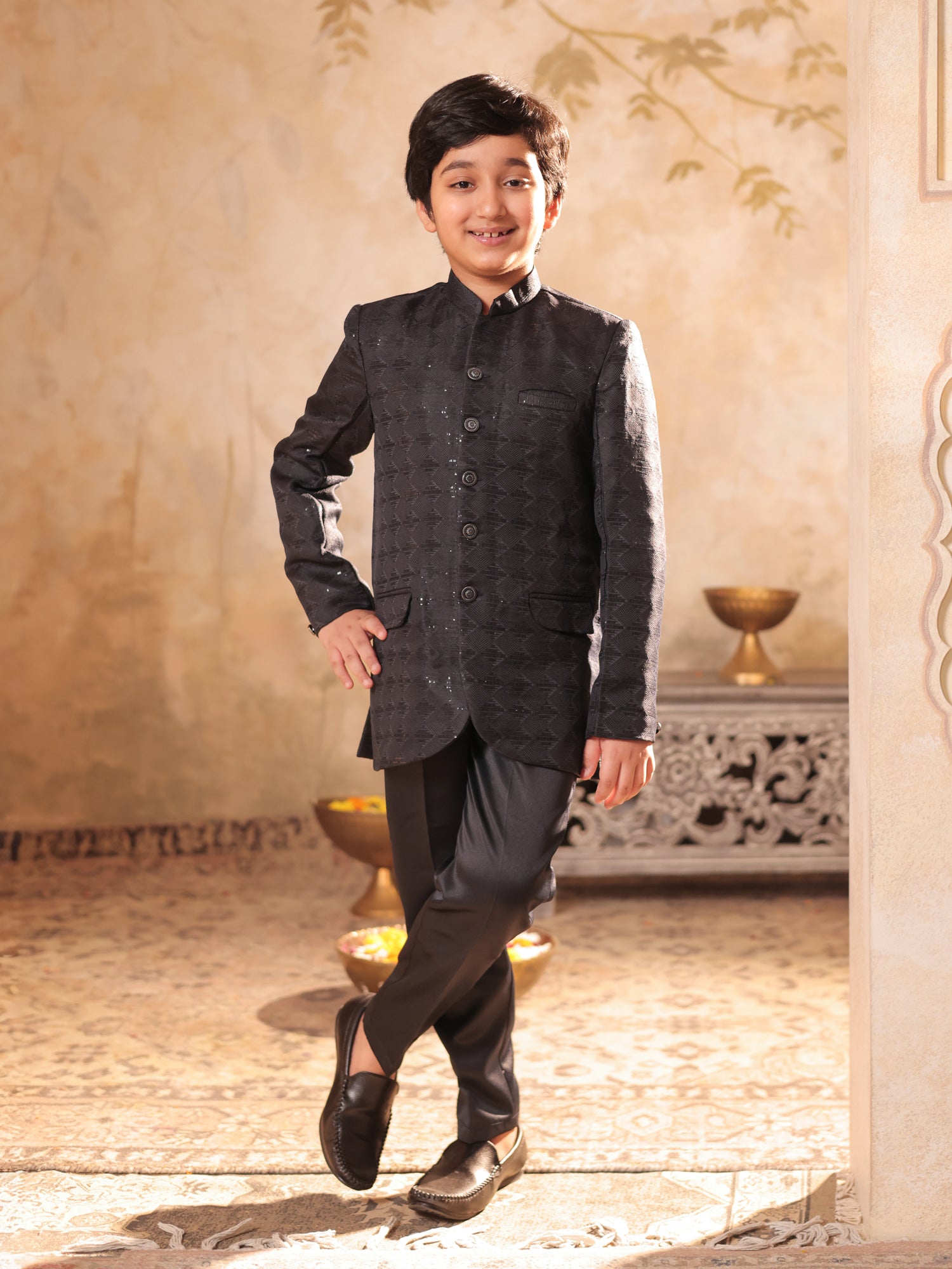 Boys Grey Jacquard Full Sleeves Sequins and Embroidery Sherwani