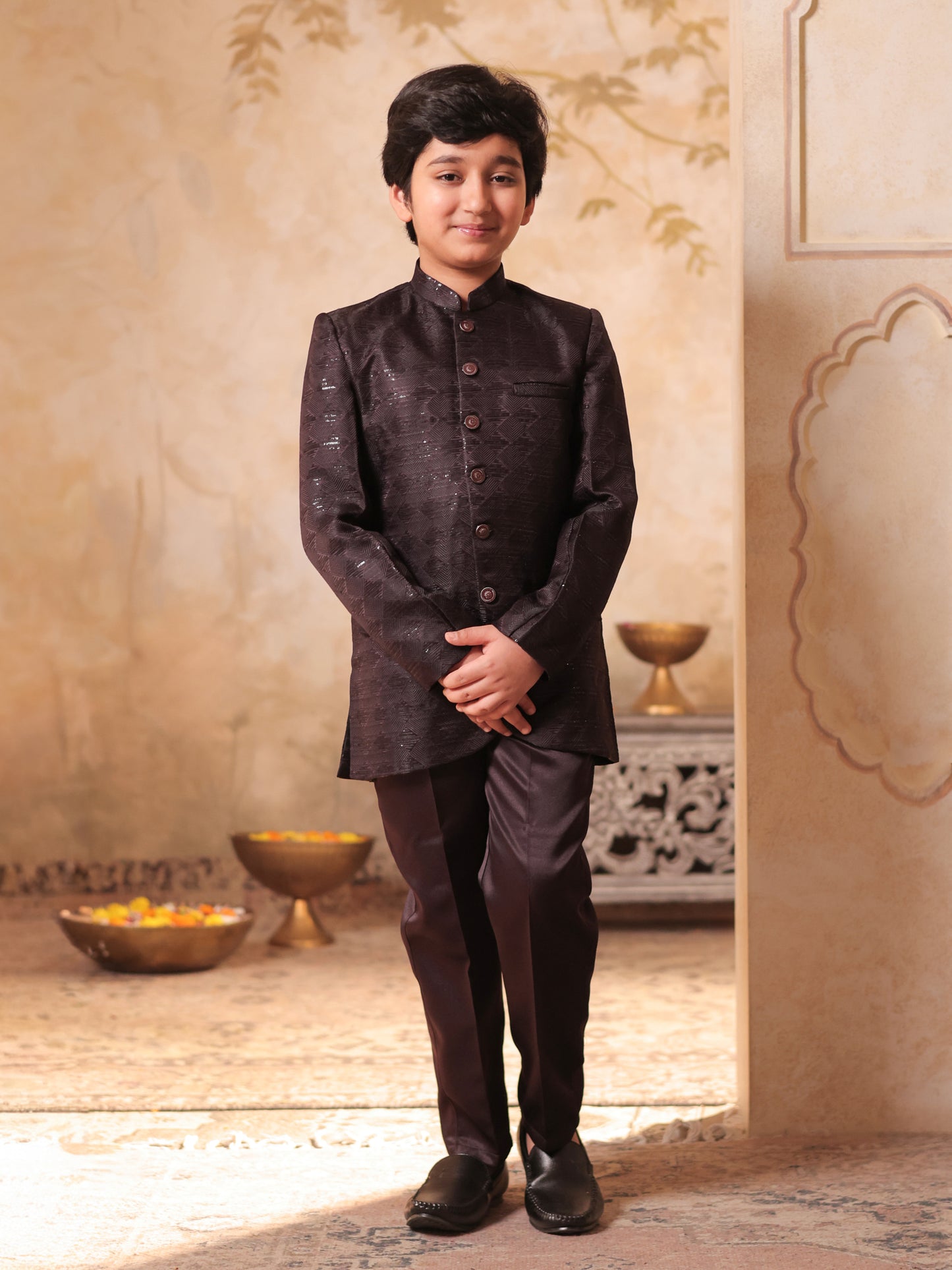 Boys Maroon Jacquard Full Sleeves Sequins and Embroidery Sherwani