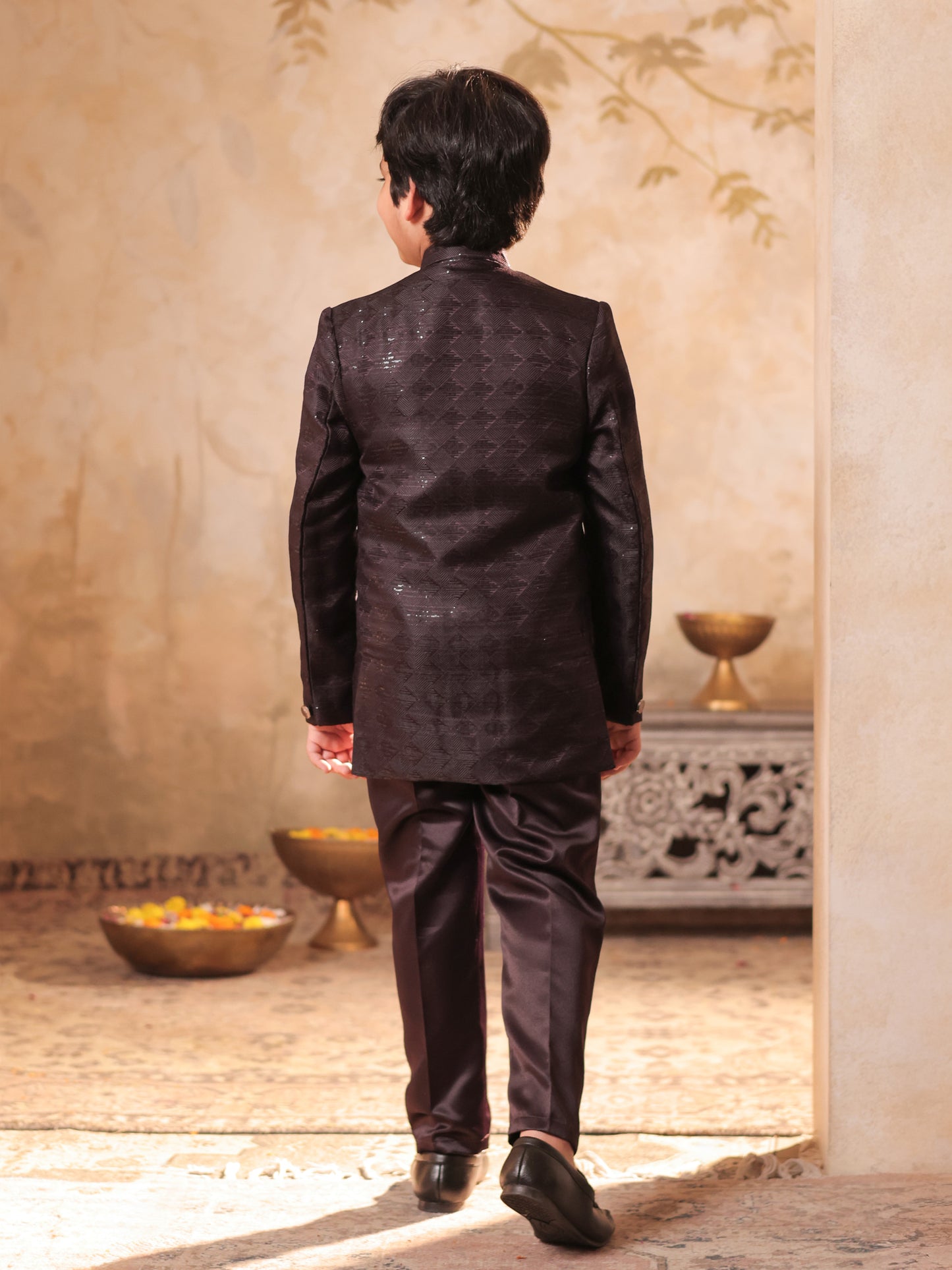 Boys Maroon Jacquard Full Sleeves Sequins and Embroidery Sherwani