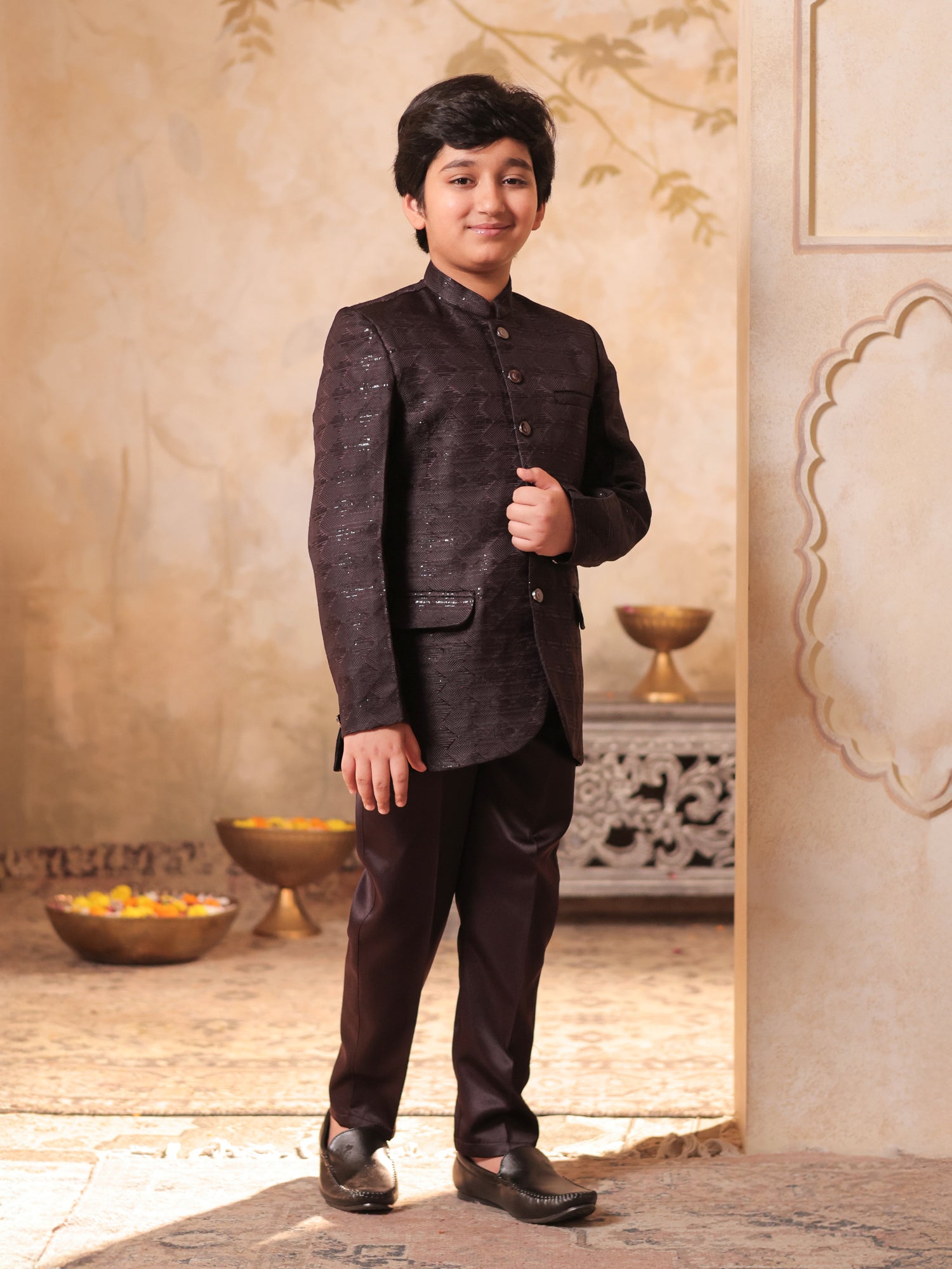 Boys Maroon Jacquard Full Sleeves Sequins and Embroidery Sherwani