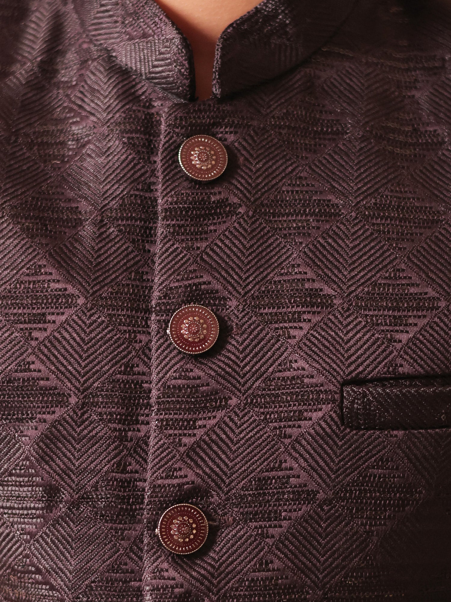 Boys Maroon Jacquard Full Sleeves Sequins and Embroidery Sherwani