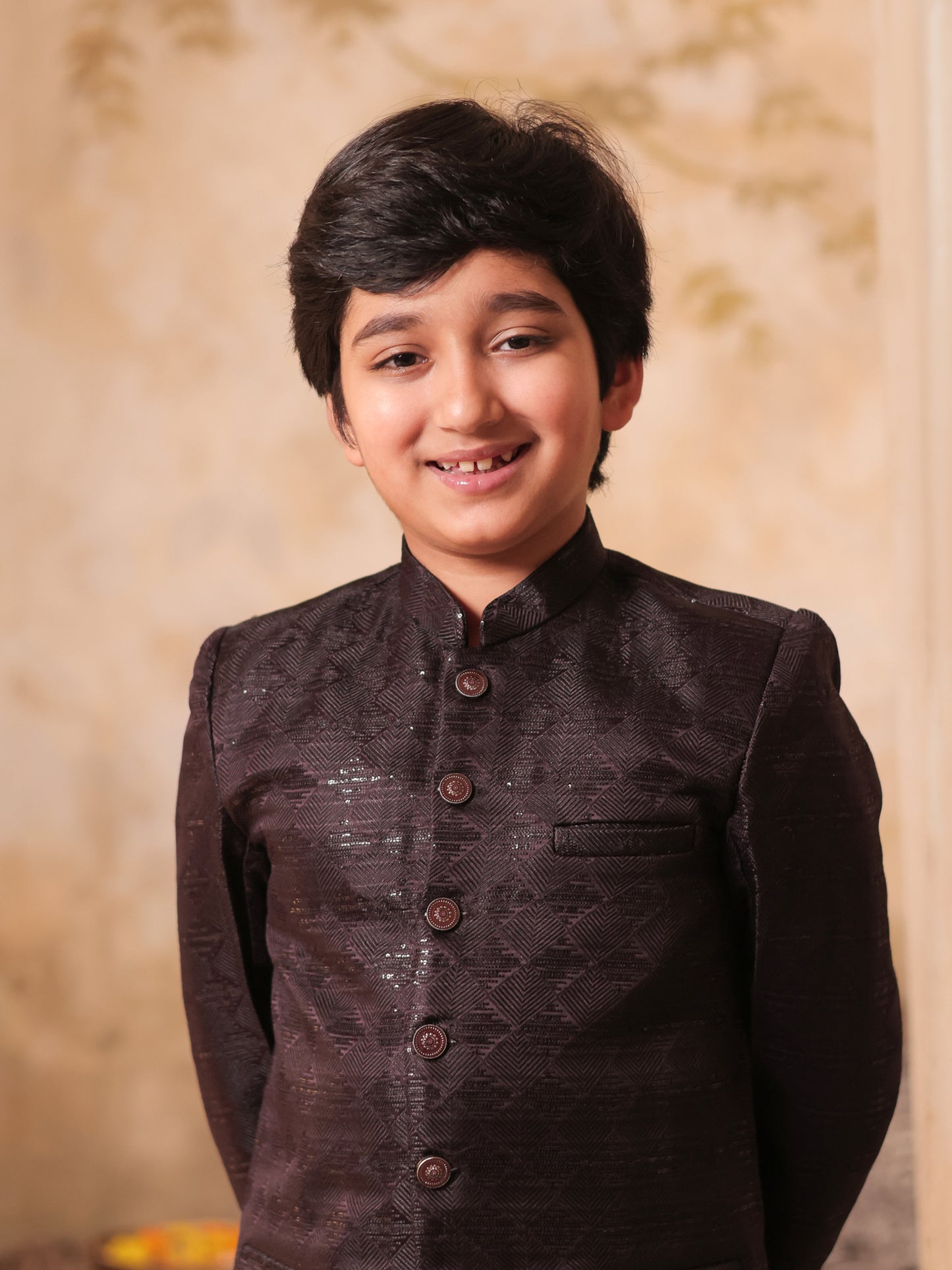 Boys Maroon Jacquard Full Sleeves Sequins and Embroidery Sherwani