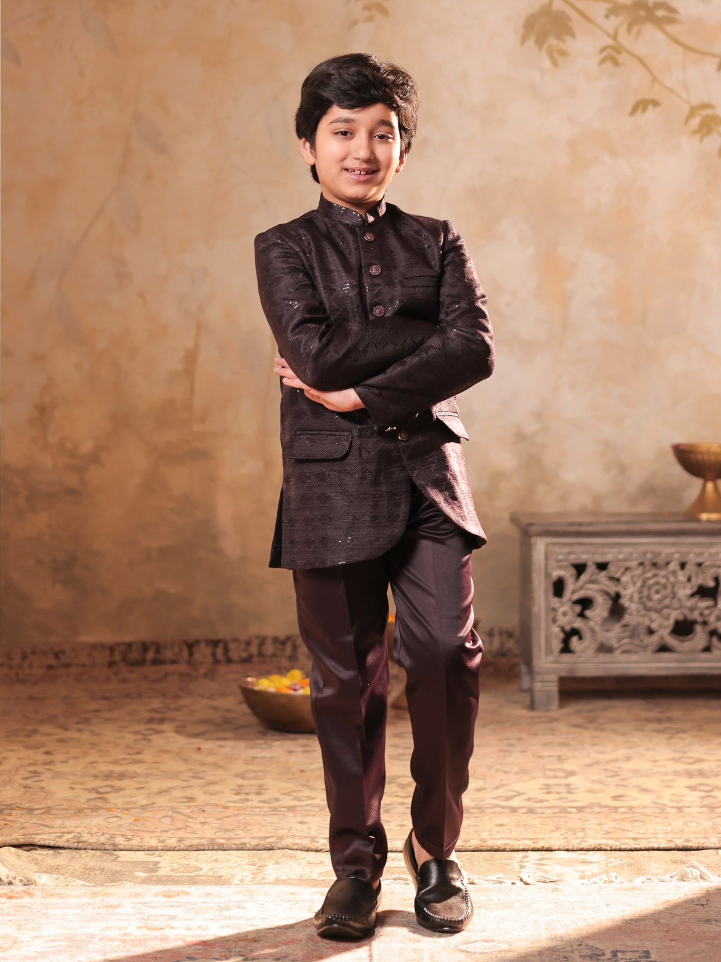 Boys Maroon Jacquard Full Sleeves Sequins and Embroidery Sherwani
