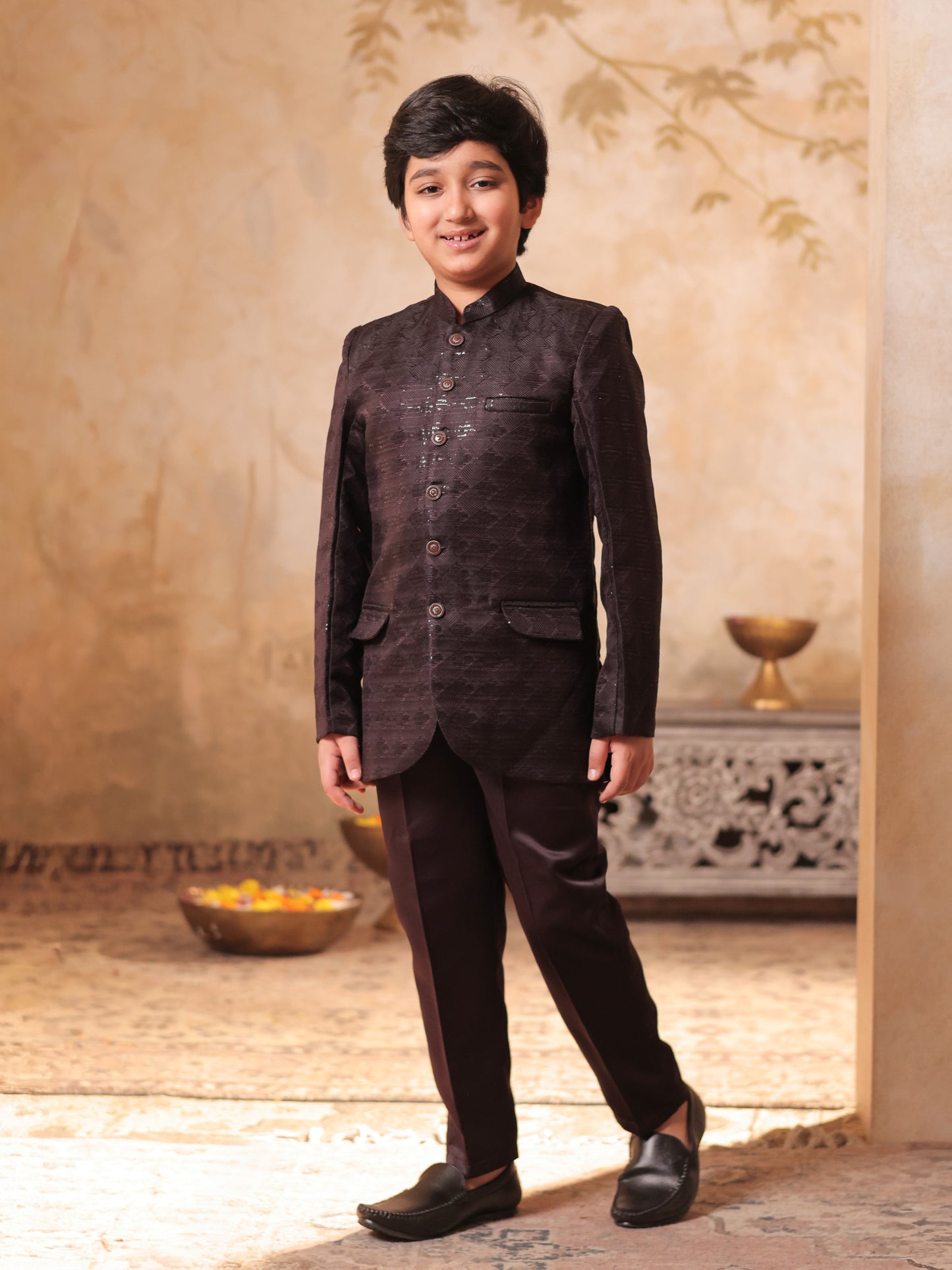 Boys Maroon Jacquard Full Sleeves Sequins and Embroidery Sherwani