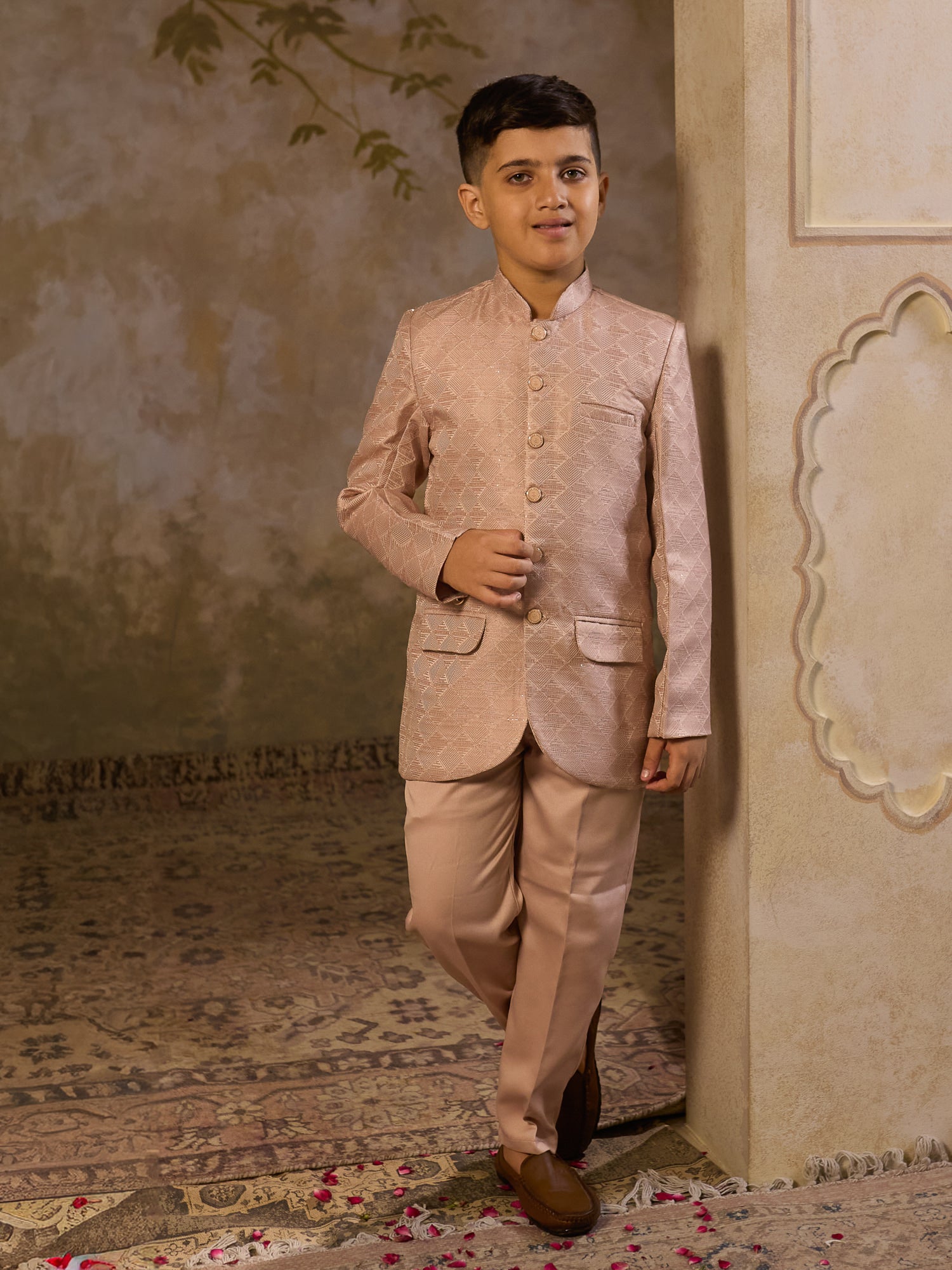 Boys Peach Jacquard Full Sleeves Sequins and Embroidery Sherwani