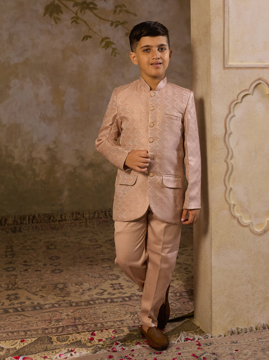 Boys Peach Jacquard Full Sleeves Sequins and Embroidery Sherwani