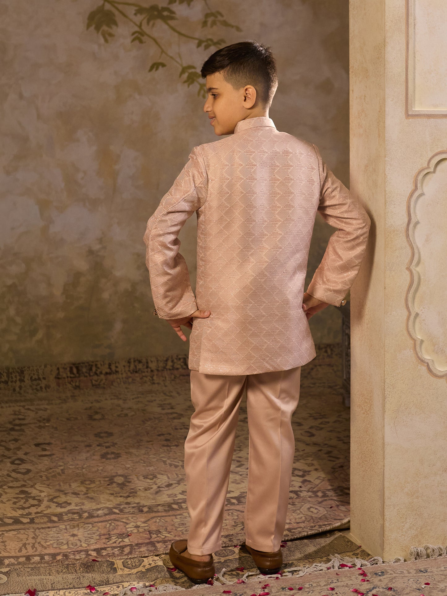 Boys Peach Jacquard Full Sleeves Sequins and Embroidery Sherwani