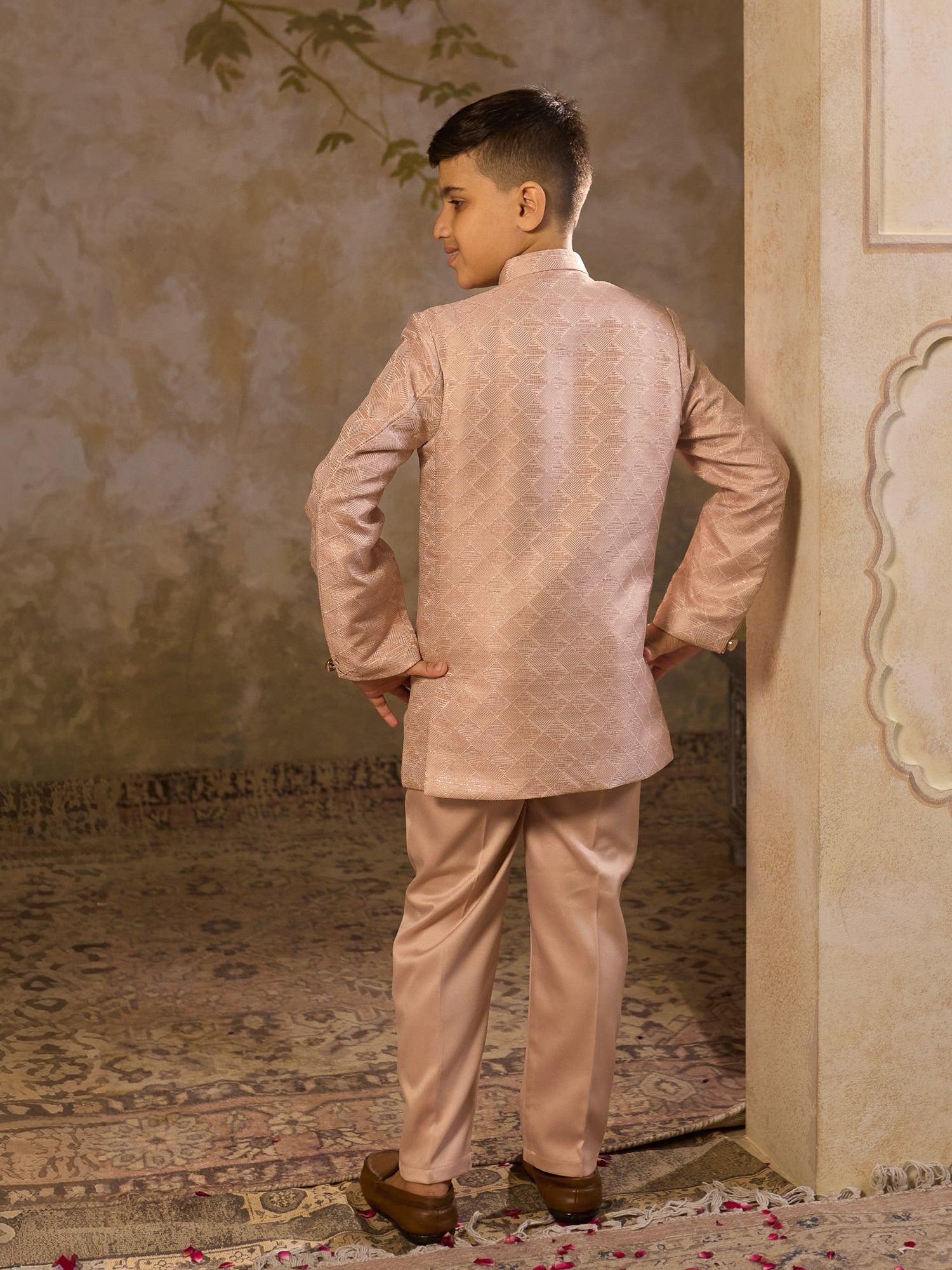 Boys Peach Jacquard Full Sleeves Sequins and Embroidery Sherwani