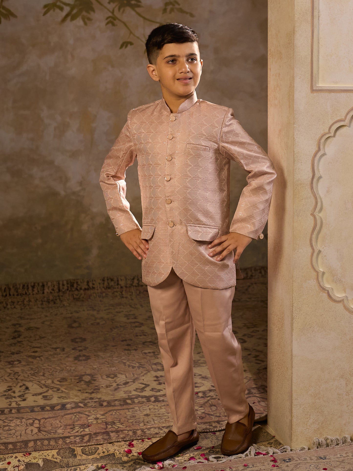 Boys Peach Jacquard Full Sleeves Sequins and Embroidery Sherwani