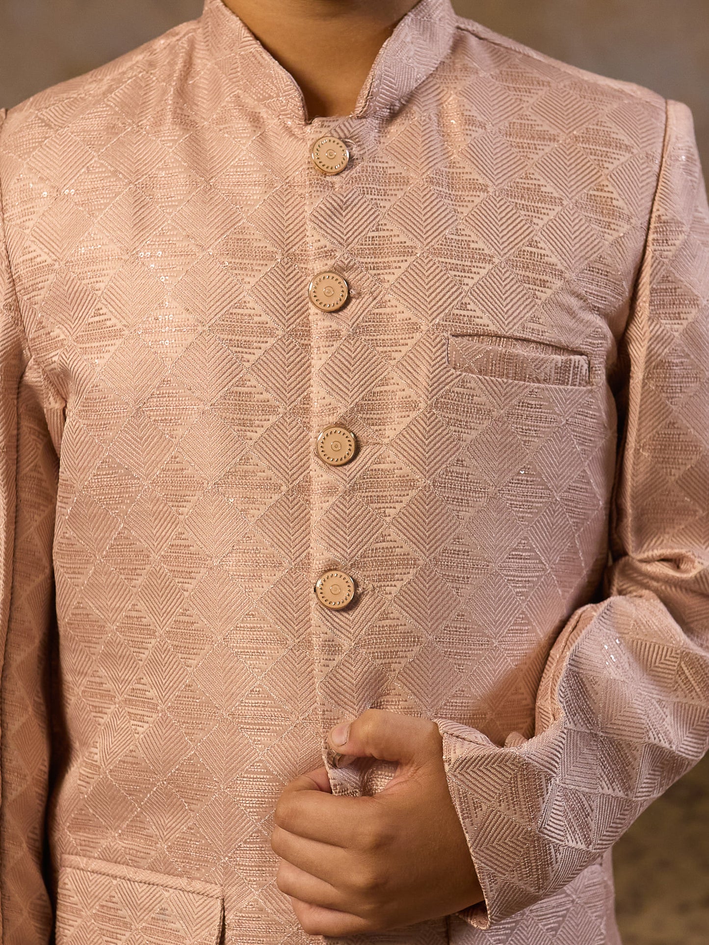 Boys Peach Jacquard Full Sleeves Sequins and Embroidery Sherwani