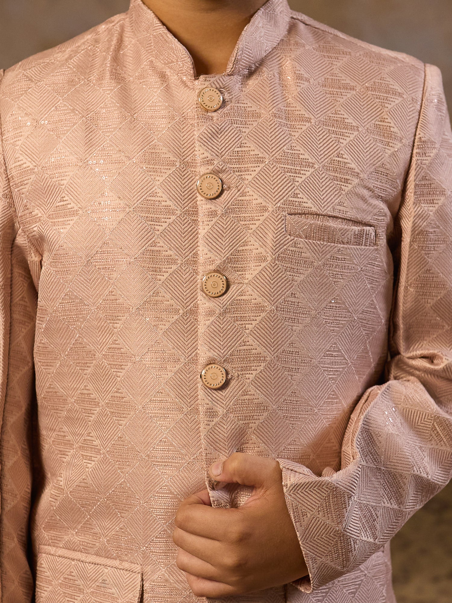 Boys Peach Jacquard Full Sleeves Sequins and Embroidery Sherwani