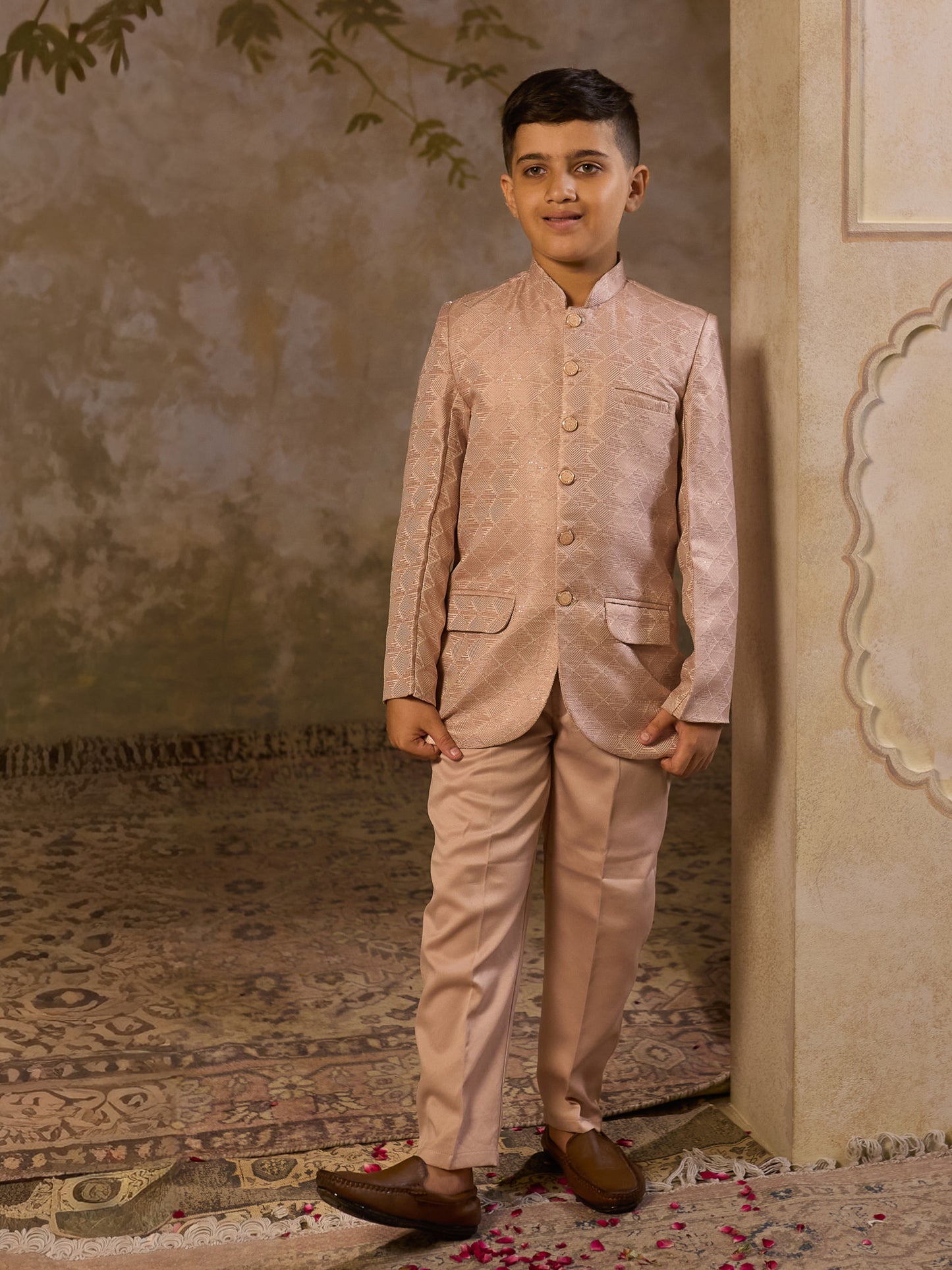 Boys Peach Jacquard Full Sleeves Sequins and Embroidery Sherwani