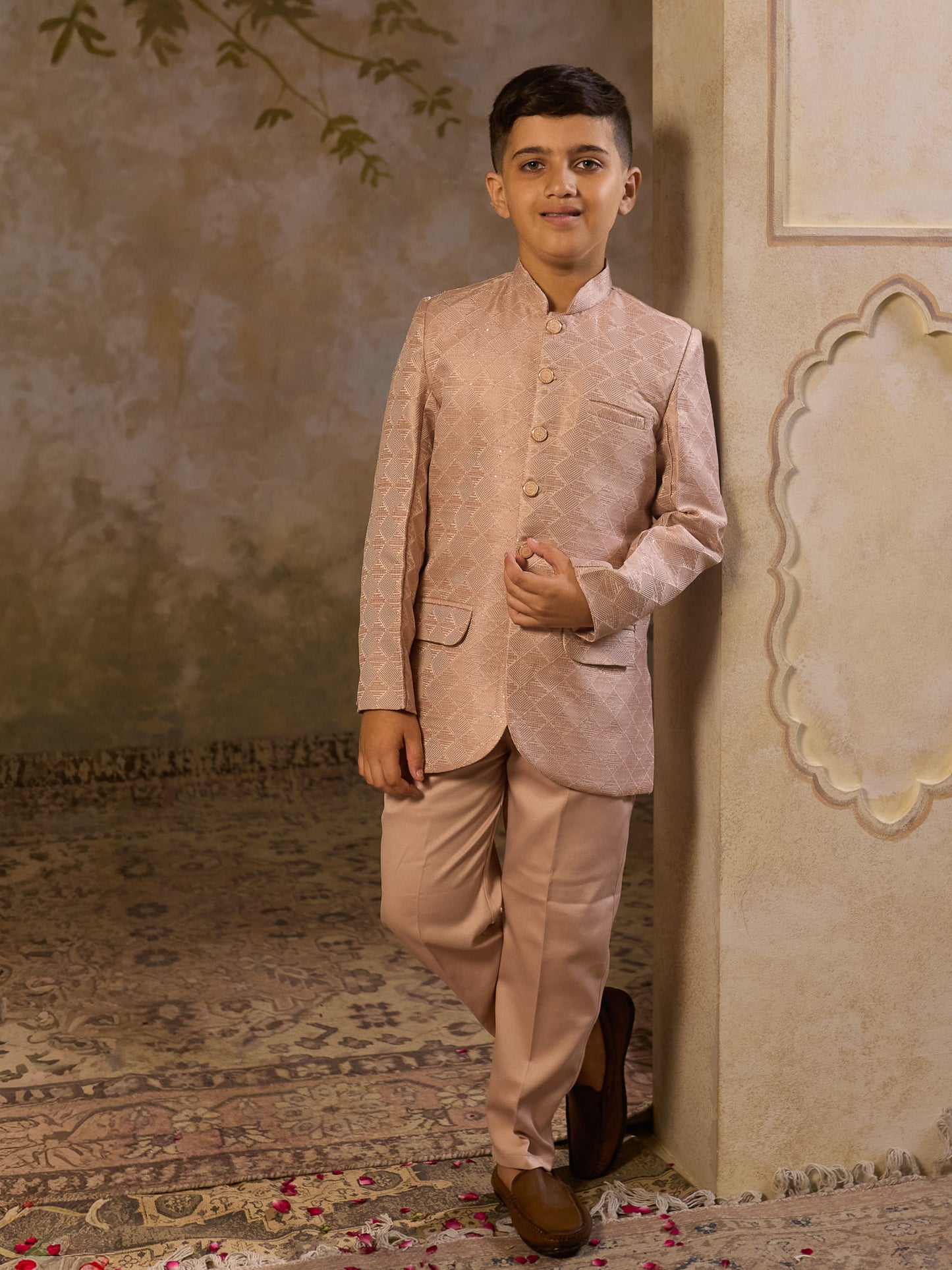 Boys Peach Jacquard Full Sleeves Sequins and Embroidery Sherwani