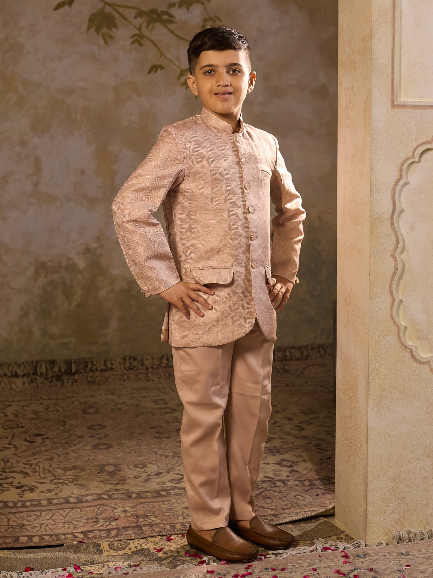 Boys Peach Jacquard Full Sleeves Sequins and Embroidery Sherwani
