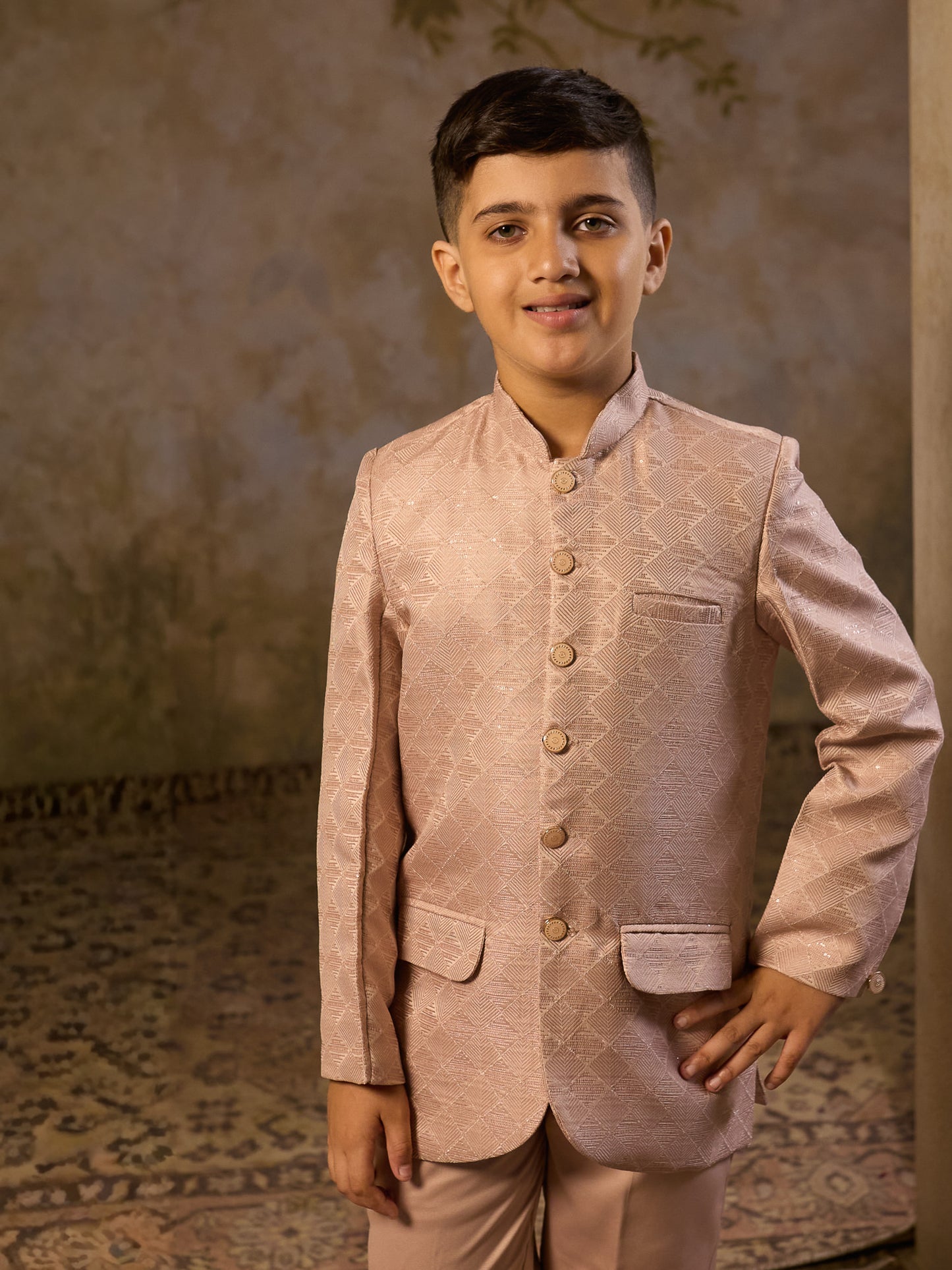 Boys Peach Jacquard Full Sleeves Sequins and Embroidery Sherwani