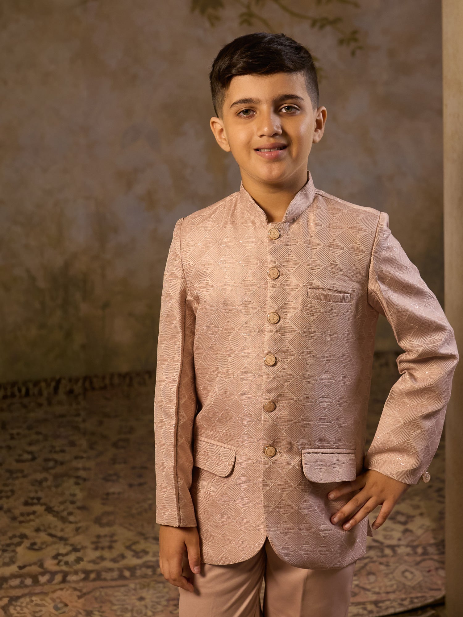 Boys Peach Jacquard Full Sleeves Sequins and Embroidery Sherwani