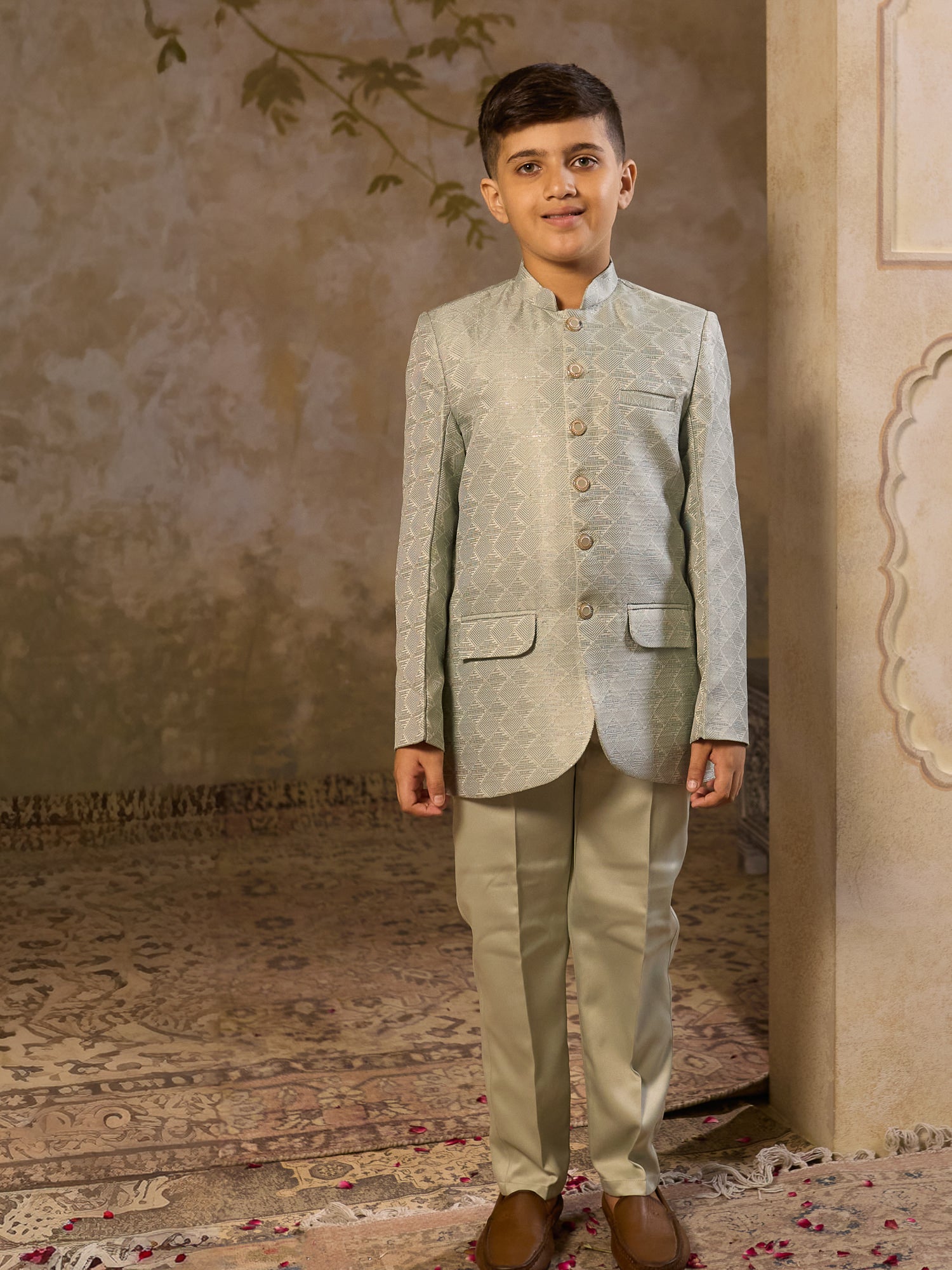 Boys Pista Jacquard Full Sleeves Sequins and Embroidery Sherwani