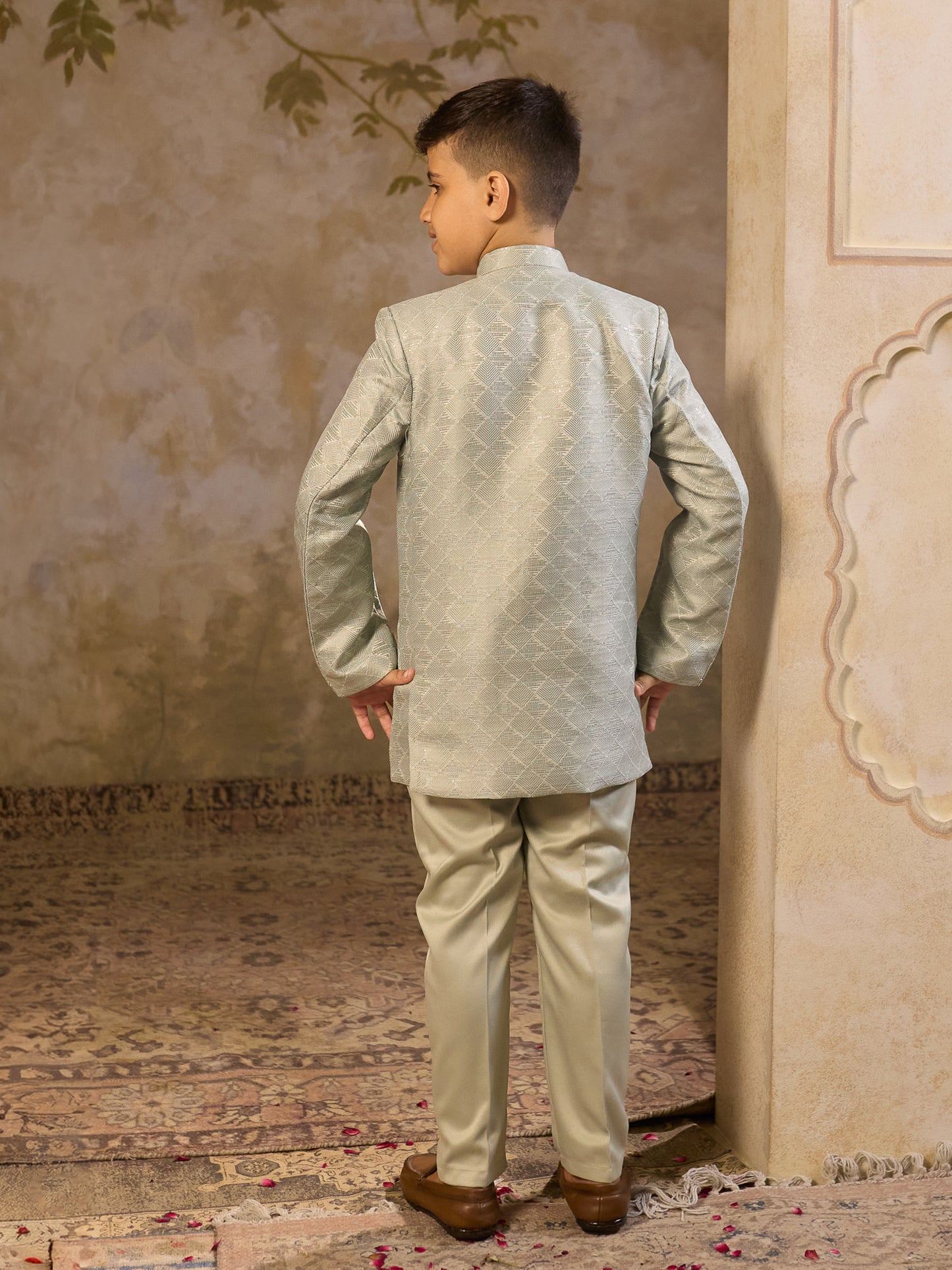 Boys Pista Jacquard Full Sleeves Sequins and Embroidery Sherwani