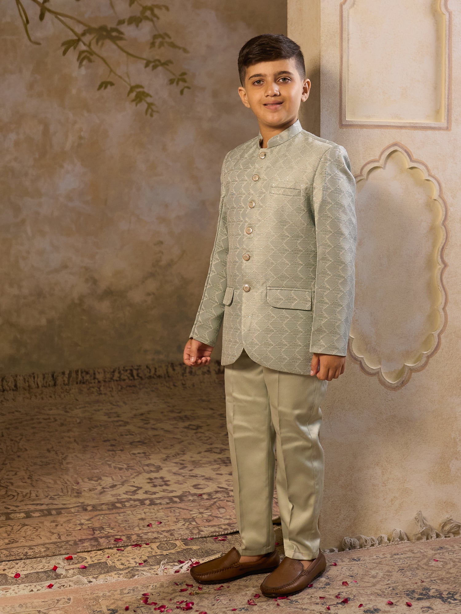 Boys Pista Jacquard Full Sleeves Sequins and Embroidery Sherwani