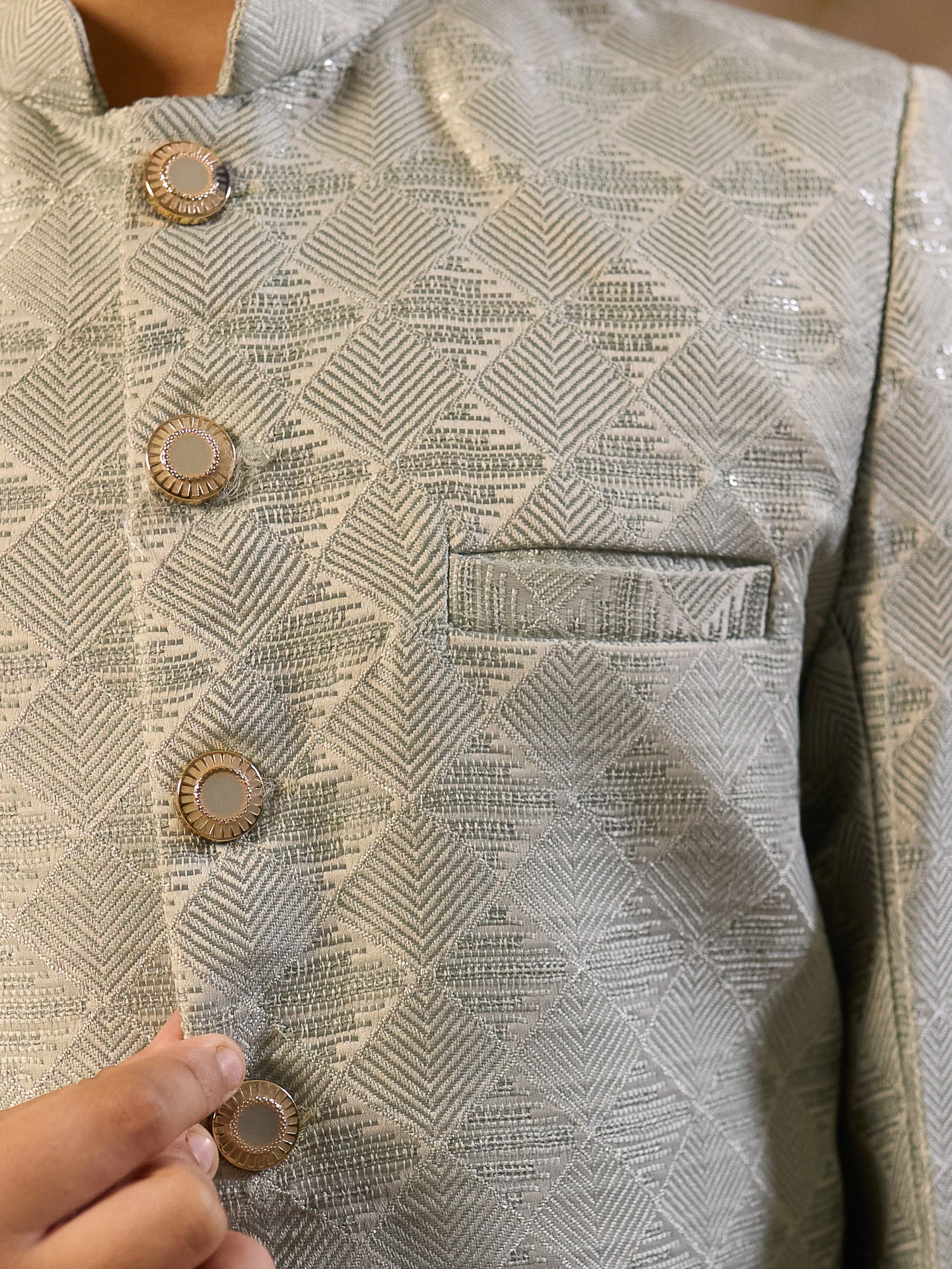Boys Pista Jacquard Full Sleeves Sequins and Embroidery Sherwani