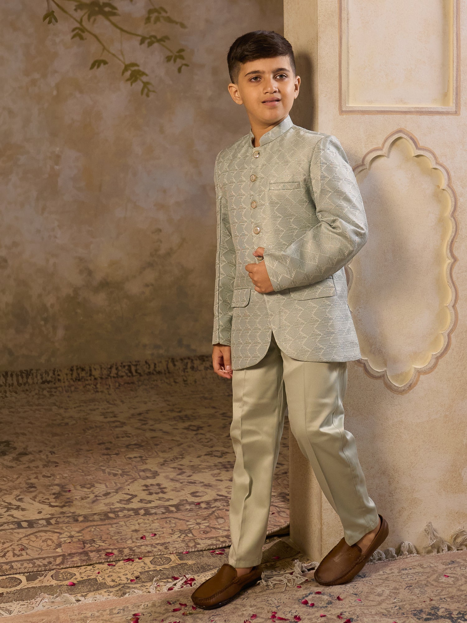 Boys Pista Jacquard Full Sleeves Sequins and Embroidery Sherwani