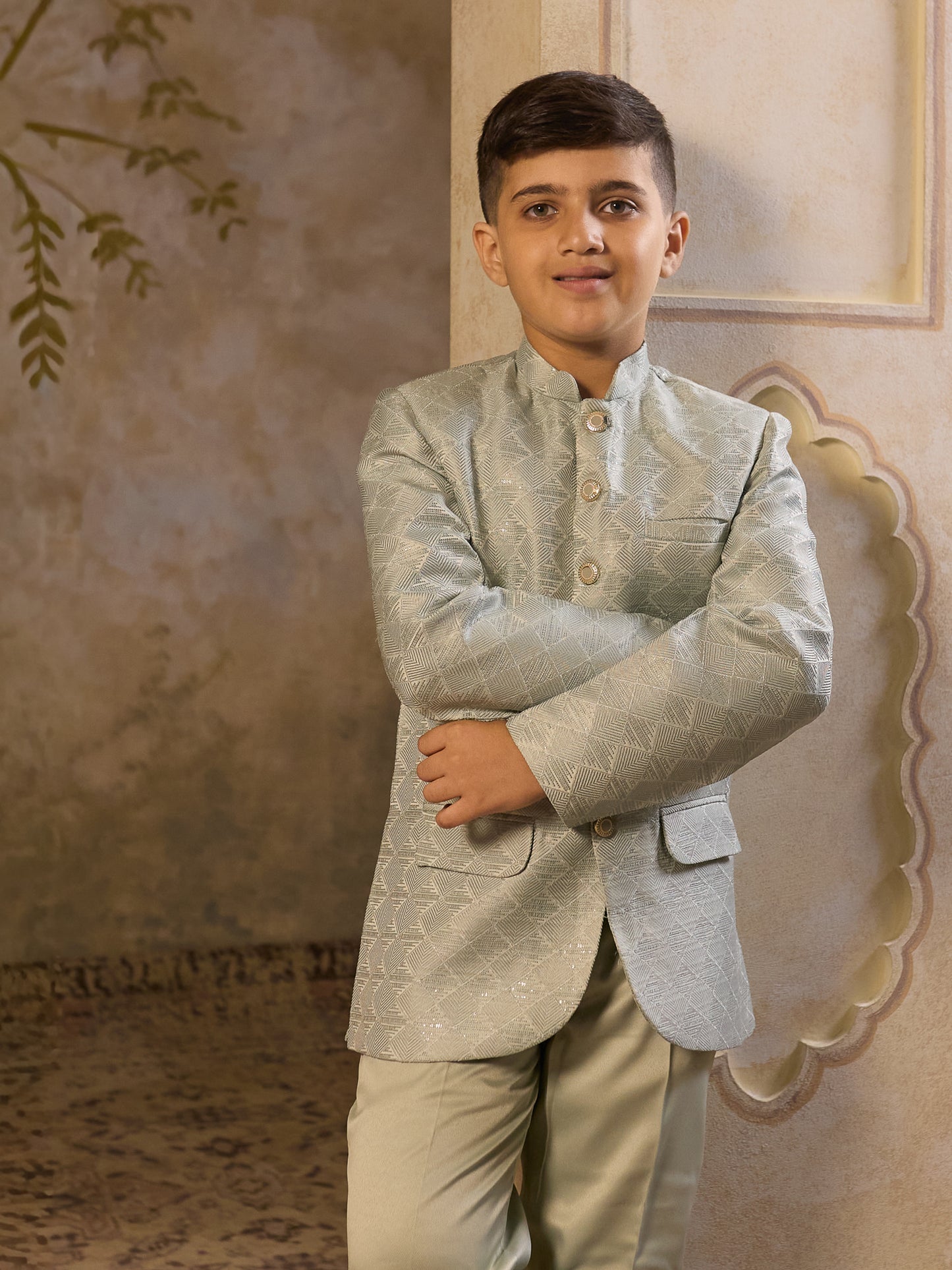 Boys Pista Jacquard Full Sleeves Sequins and Embroidery Sherwani
