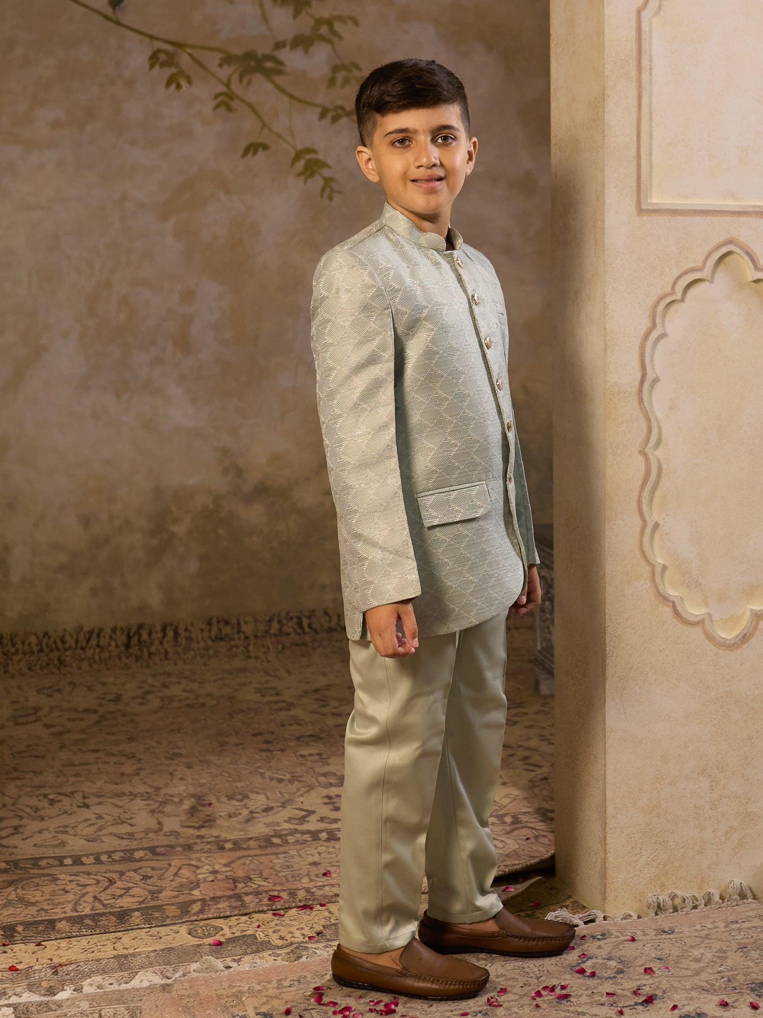 Boys Pista Jacquard Full Sleeves Sequins and Embroidery Sherwani