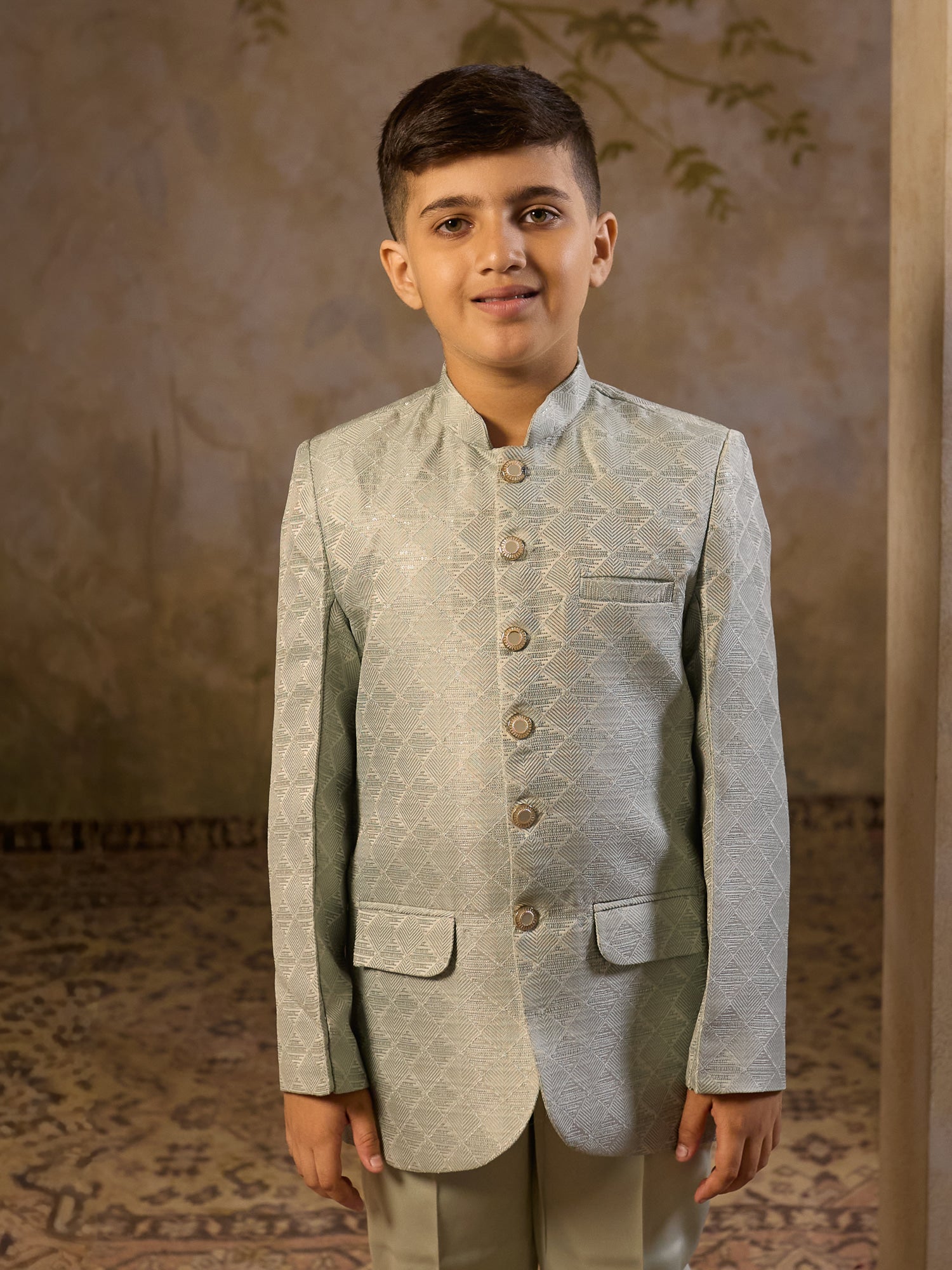 Boys Pista Jacquard Full Sleeves Sequins and Embroidery Sherwani