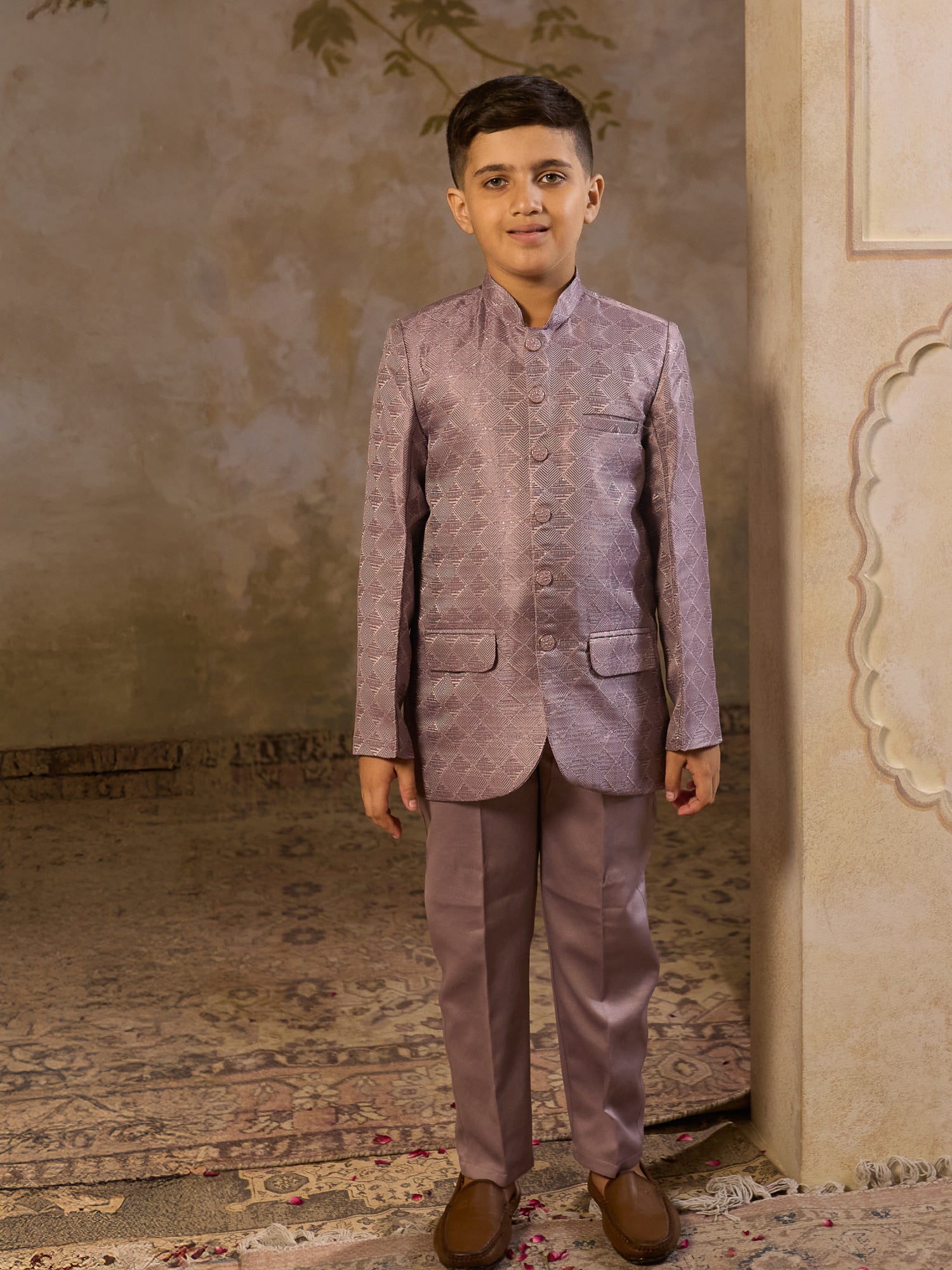 Boys Purple Jacquard Full Sleeves Sequins and Embroidery Sherwani