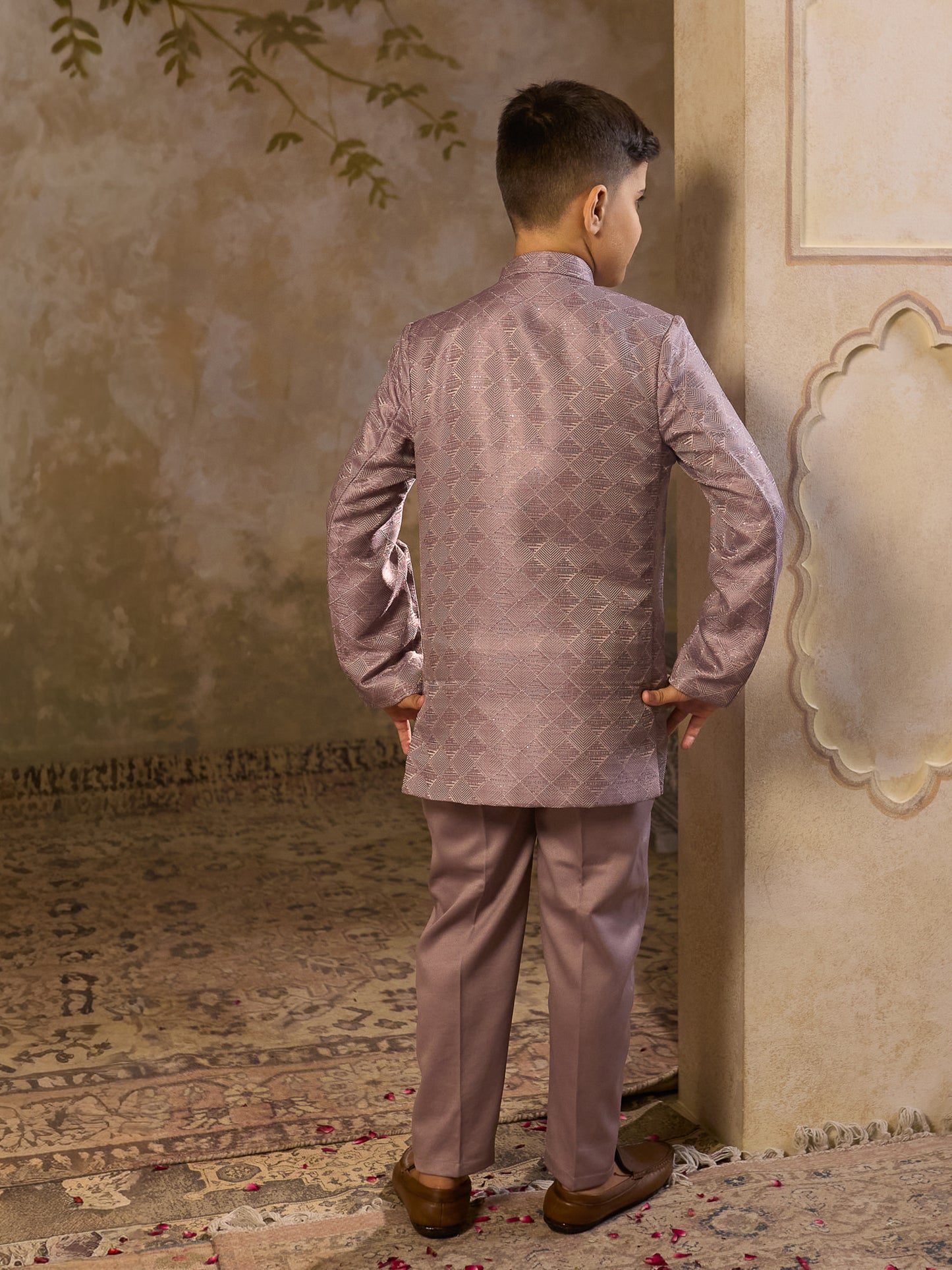 Boys Purple Jacquard Full Sleeves Sequins and Embroidery Sherwani