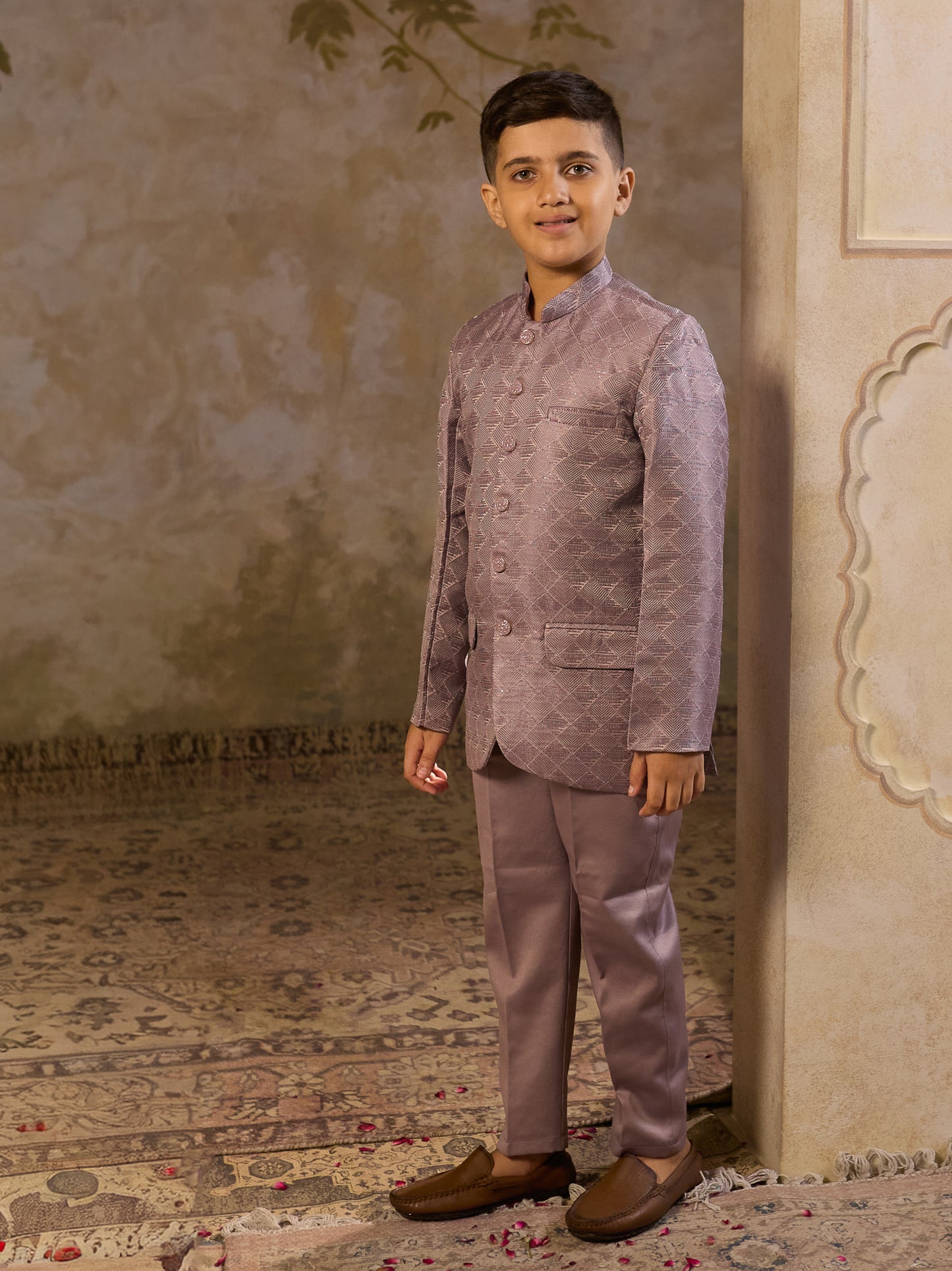 Boys Purple Jacquard Full Sleeves Sequins and Embroidery Sherwani