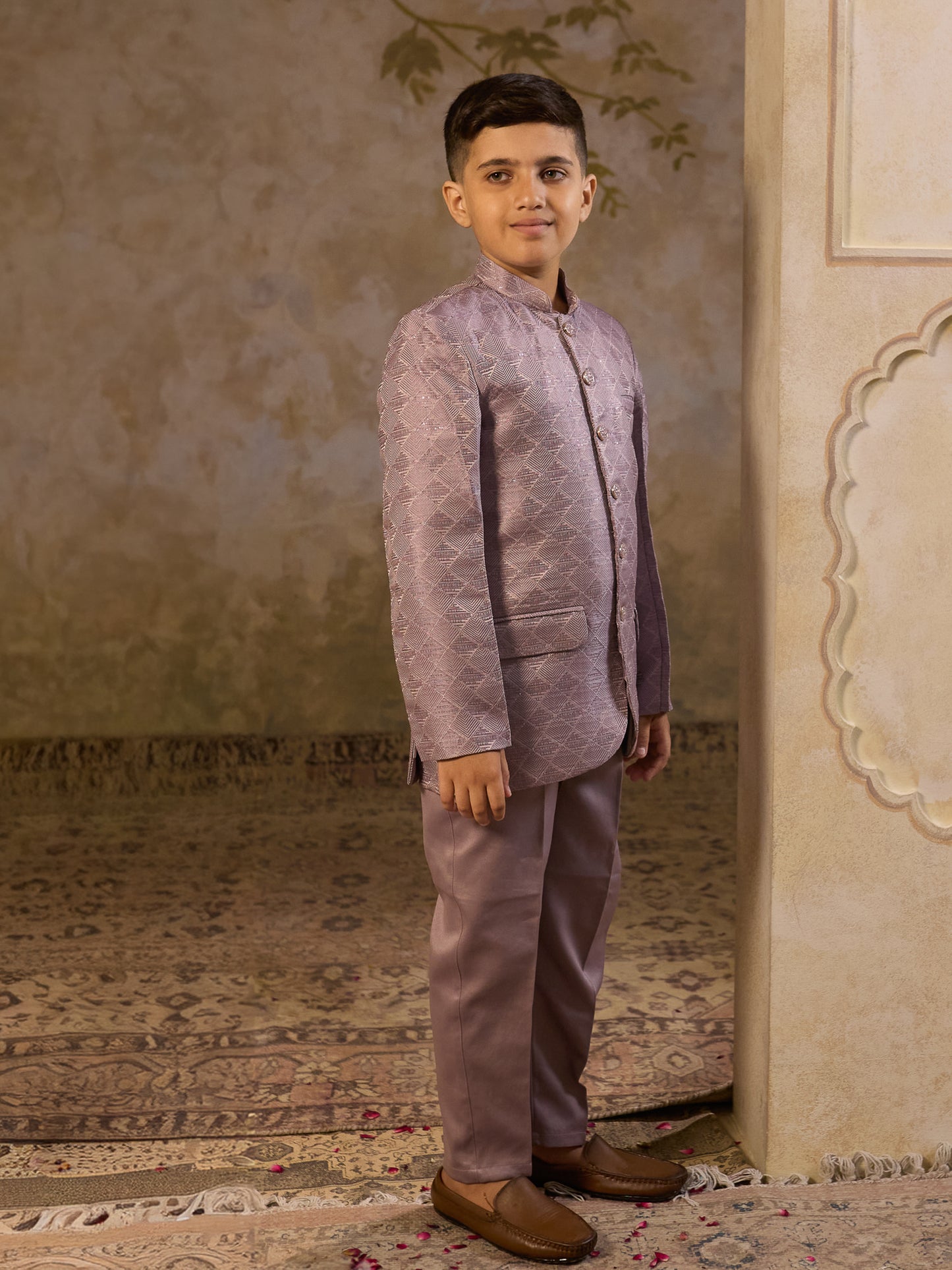 Boys Purple Jacquard Full Sleeves Sequins and Embroidery Sherwani