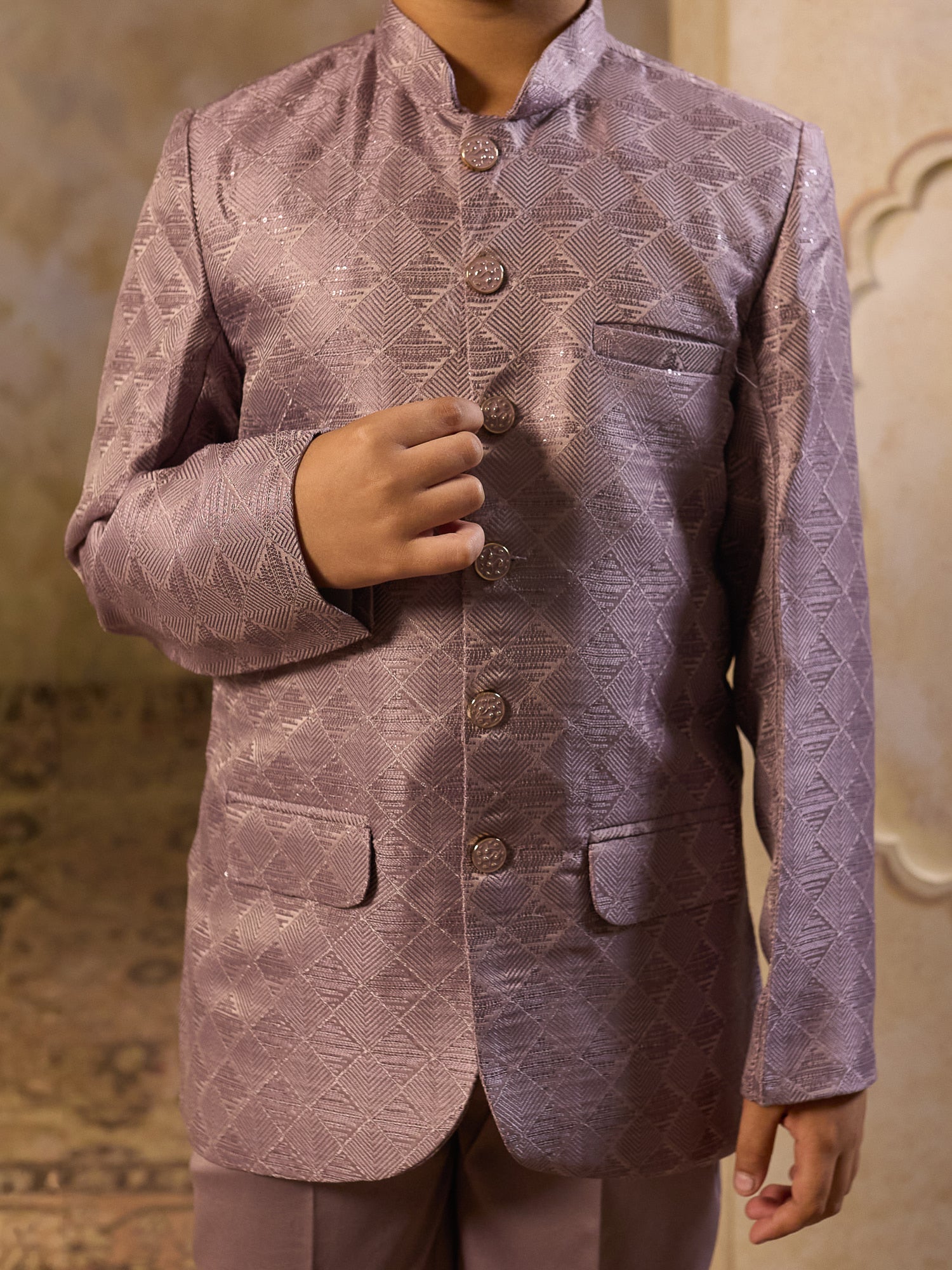 Boys Purple Jacquard Full Sleeves Sequins and Embroidery Sherwani